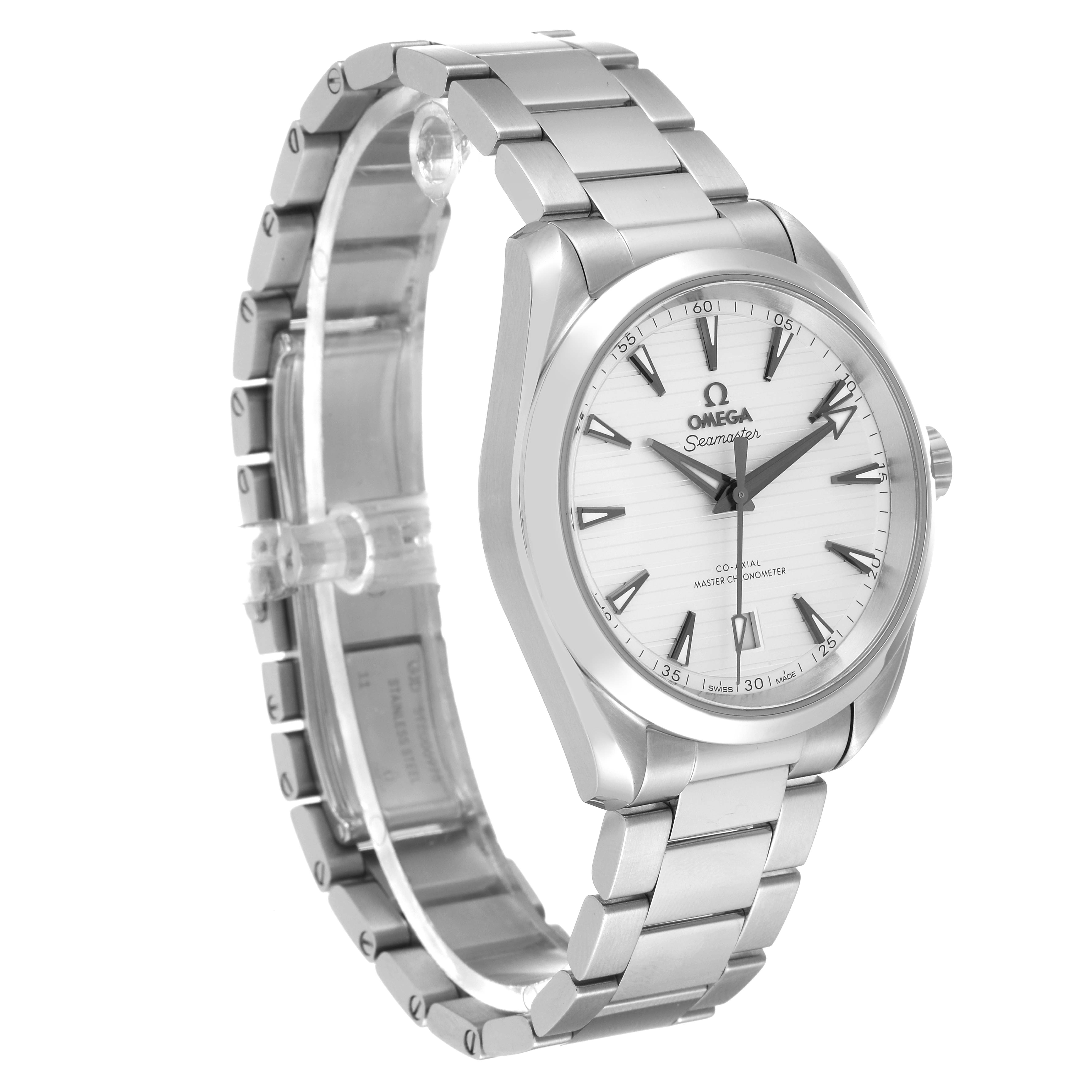 The image shows a three-quarter view of the Omega Aqua Terra 220.10.38.20.02.001 Men
s Stainless Steel Silver Dial 220.10.38.20.02.001 Men
s Stainless Steel Silver Dial watch face and bracelet.