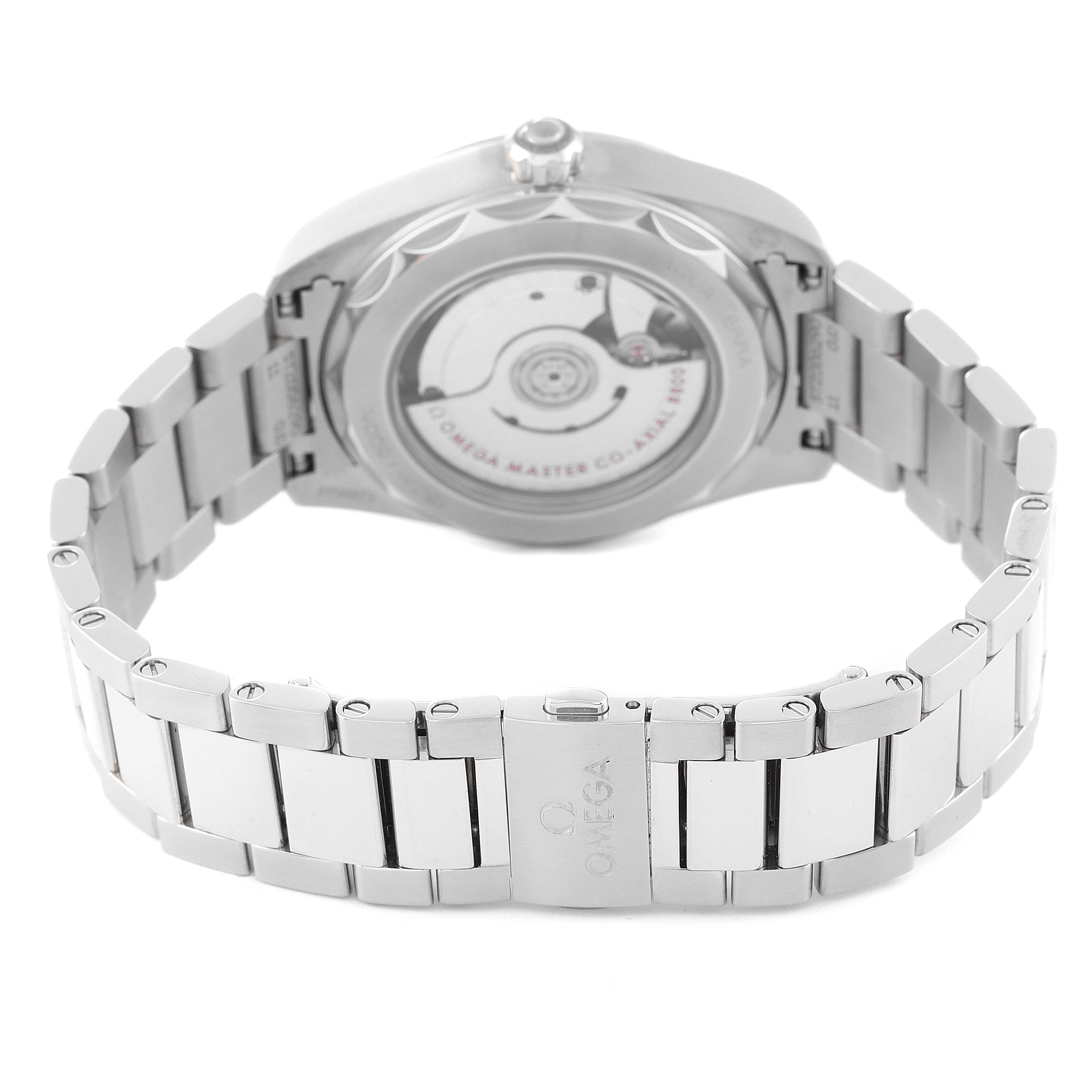 This image shows the back view of the Omega Aqua Terra 220.10.38.20.02.001 Men
s Stainless Steel Silver Dial 220.10.38.20.02.001 Men
s Stainless Steel Silver Dial watch, highlighting its case back and metal bracelet.