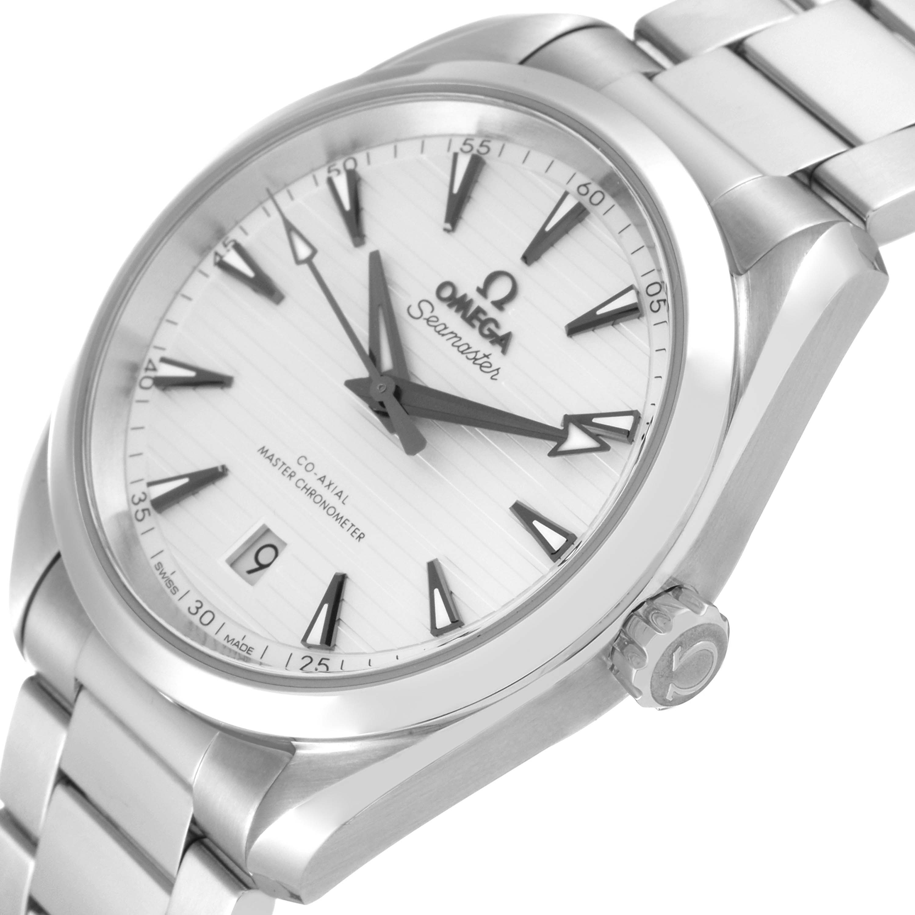 This image shows the Omega Aqua Terra 220.10.38.20.02.001 Men
s Stainless Steel Silver Dial 220.10.38.20.02.001 Men
s Stainless Steel Silver Dial watch from a slightly angled side view, highlighting the face, bezel, crown, and part of the bracelet.