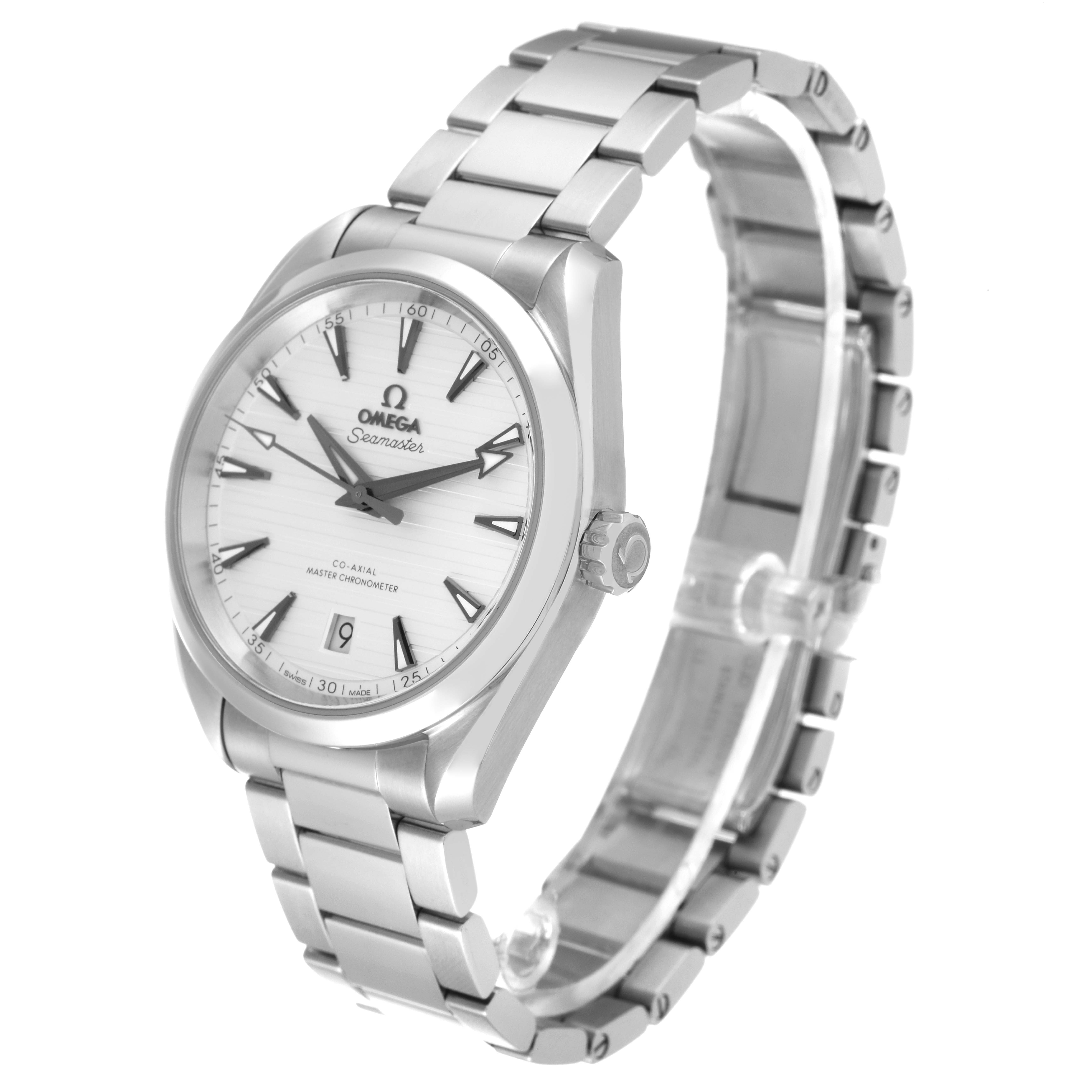 The Omega Aqua Terra 220.10.38.20.02.001 Men
s Stainless Steel Silver Dial 220.10.38.20.02.001 Men
s Stainless Steel Silver Dial watch is shown at a three-quarter view angle featuring the face, crown, and bracelet.