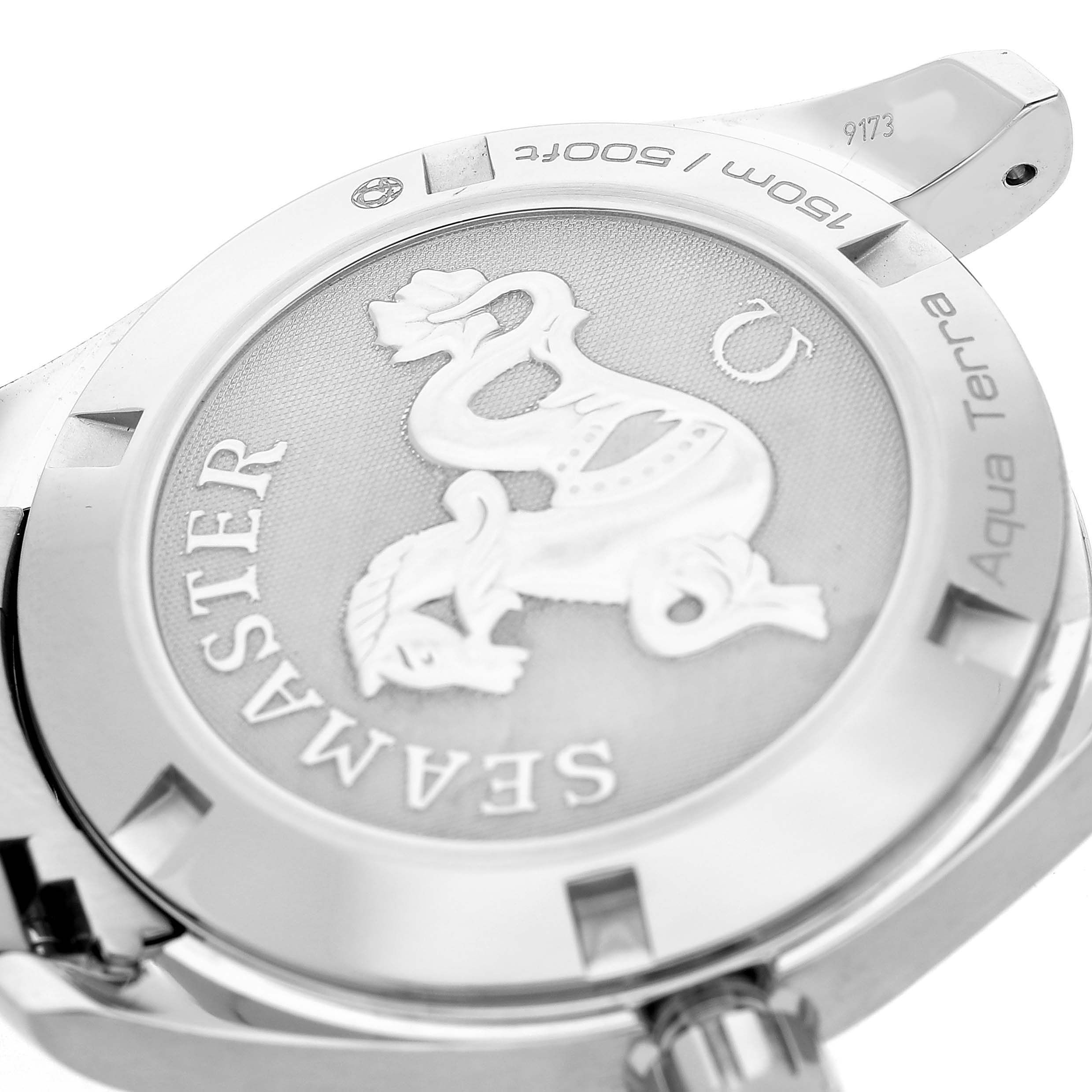 The Omega Aqua Terra 231.10.39.60.02.001 Men's Stainless Steel Silver Dial watch is shown from the back, highlighting the embossed case back with "Seamaster" labeling.