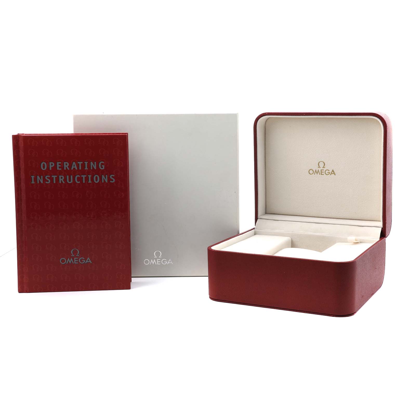 The image shows the Omega Aqua Terra 231.10.39.60.02.001 Men's Stainless Steel Silver Dial box, operating instructions, and outer packaging from a side angle.