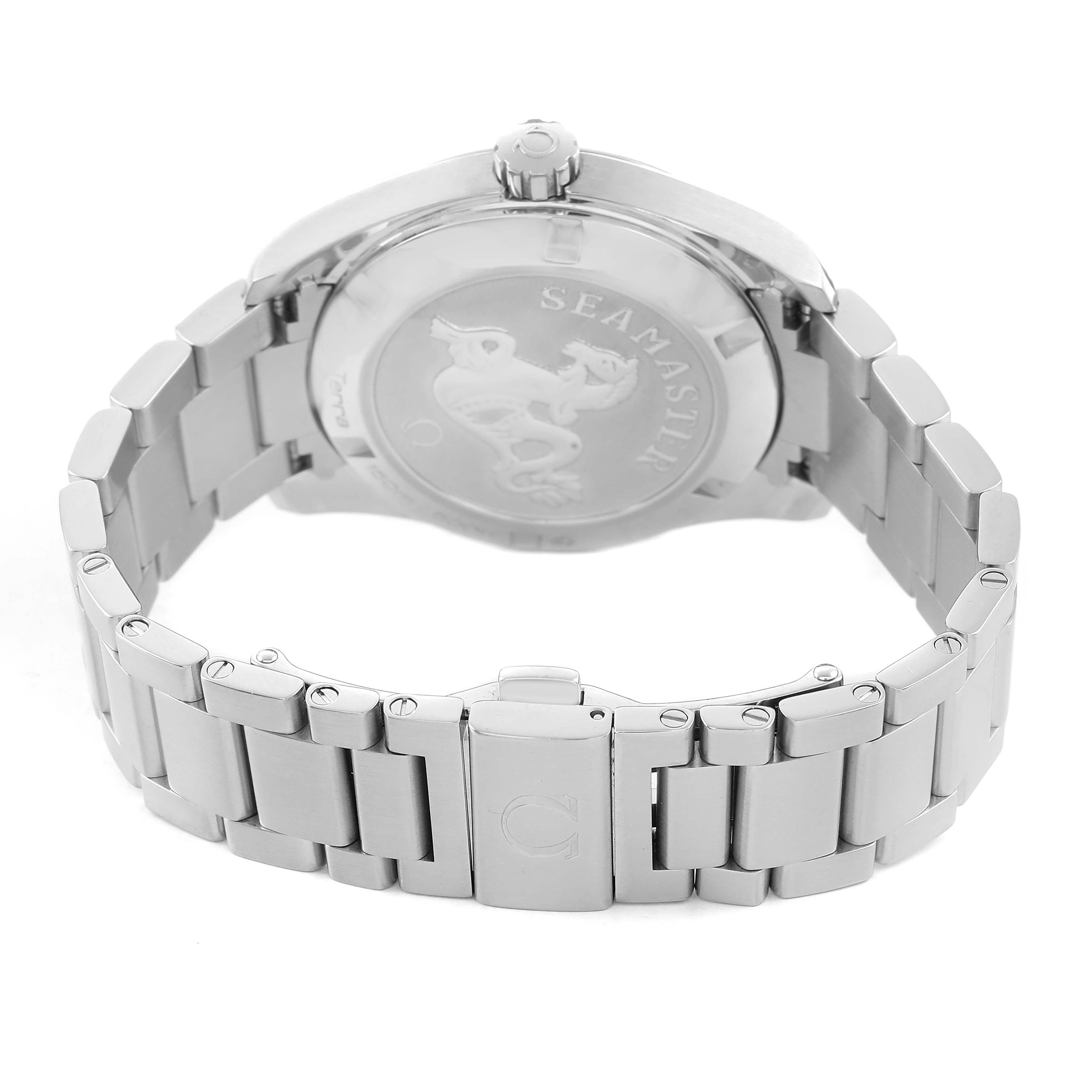 The image shows the Omega Aqua Terra 231.10.39.60.02.001 Men's Stainless Steel Silver Dial watch from the back, highlighting the bracelet and case back.