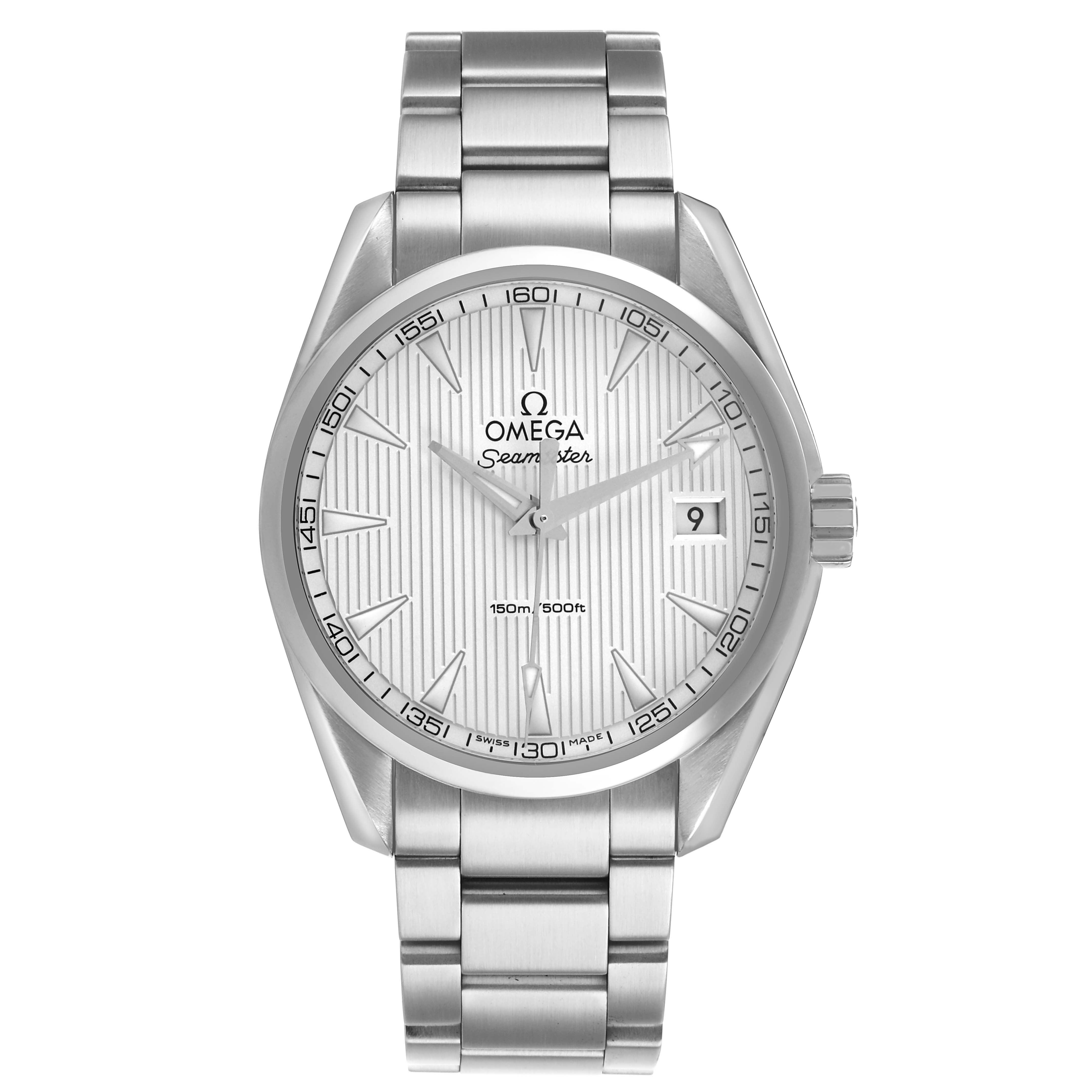 The Omega Aqua Terra 231.10.39.60.02.001 Men's Stainless Steel Silver Dial watch is shown from the front, displaying the dial, markers, hands, bracelet, and crown.