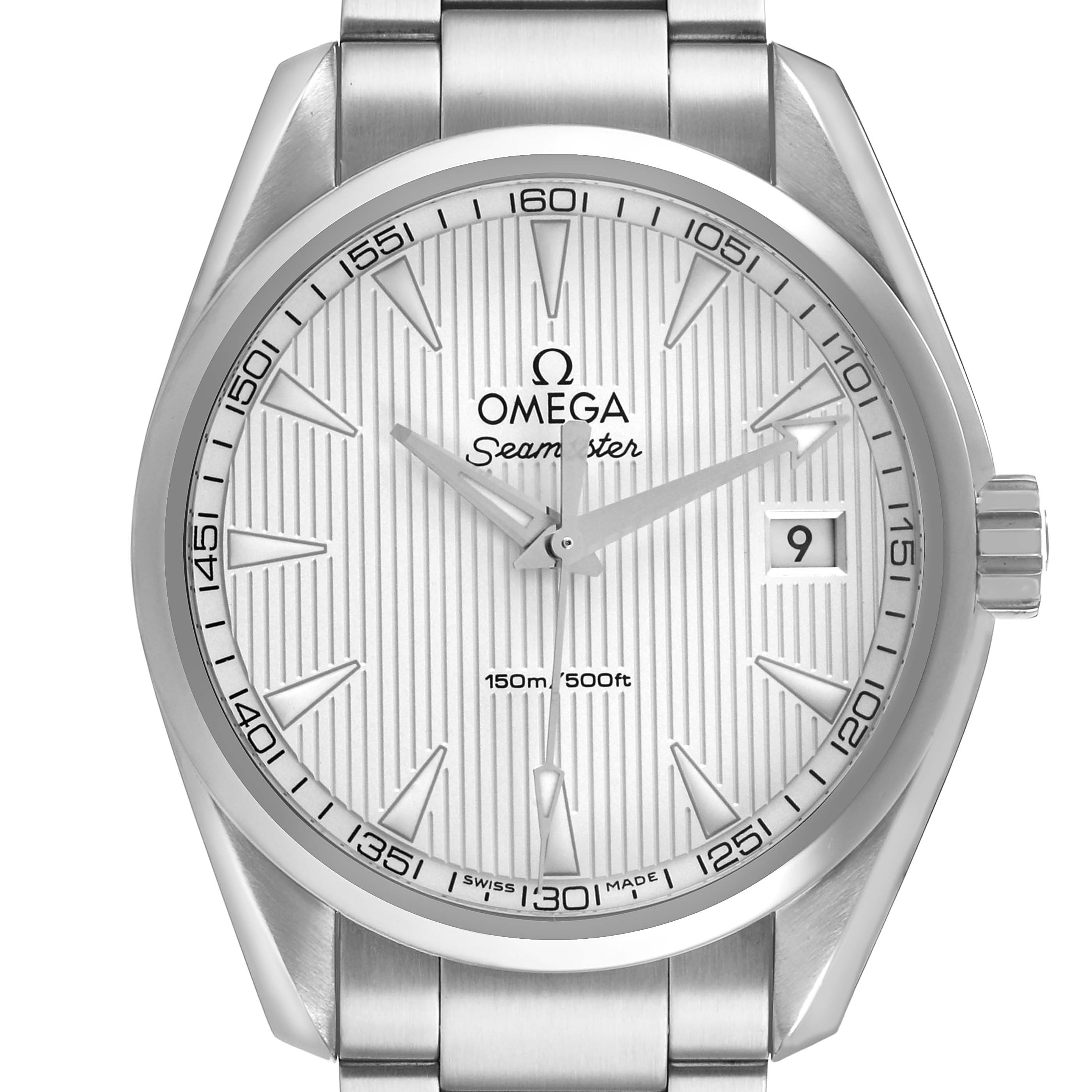 The Omega Aqua Terra 231.10.39.60.02.001 Men's Stainless Steel Silver Dial watch is shown from the front, highlighting the dial, hands, date window, and bracelet.