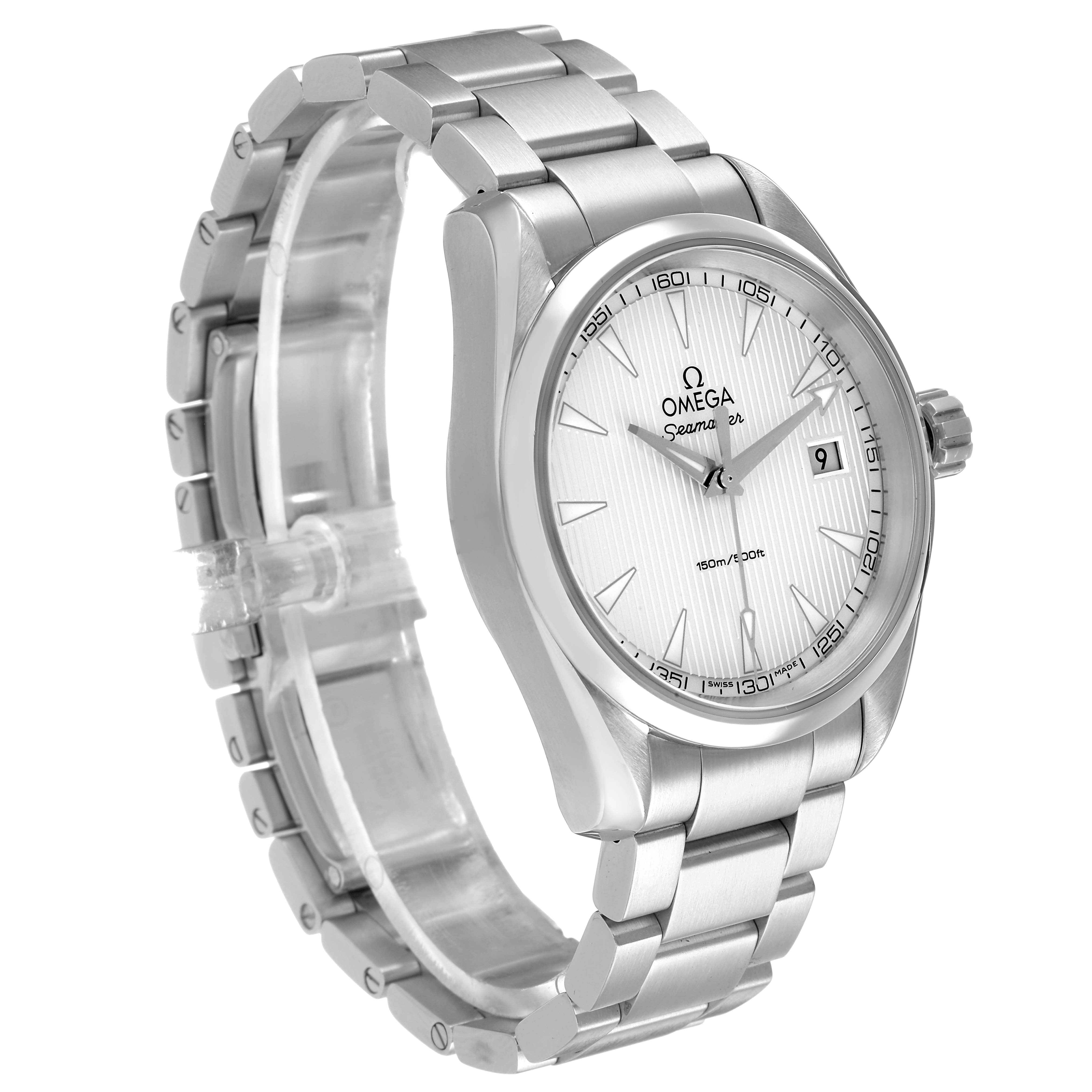 The Omega Aqua Terra 231.10.39.60.02.001 Men's Stainless Steel Silver Dial watch is shown at a three-quarter angle, highlighting the case, bracelet, and face.