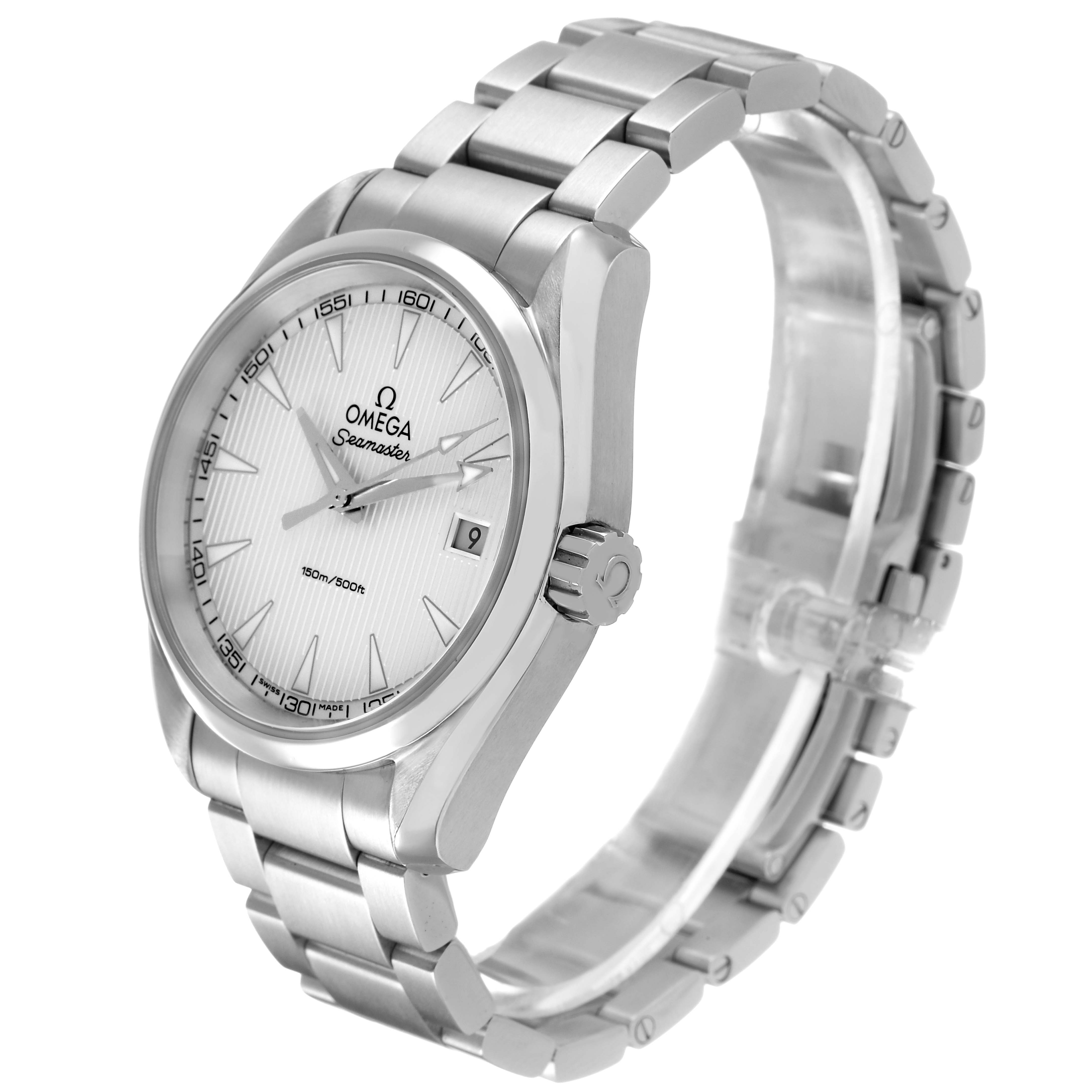The Omega Aqua Terra 231.10.39.60.02.001 Men's Stainless Steel Silver Dial watch is shown at a three-quarter angle, displaying the face, bezel, crown, and part of the bracelet.