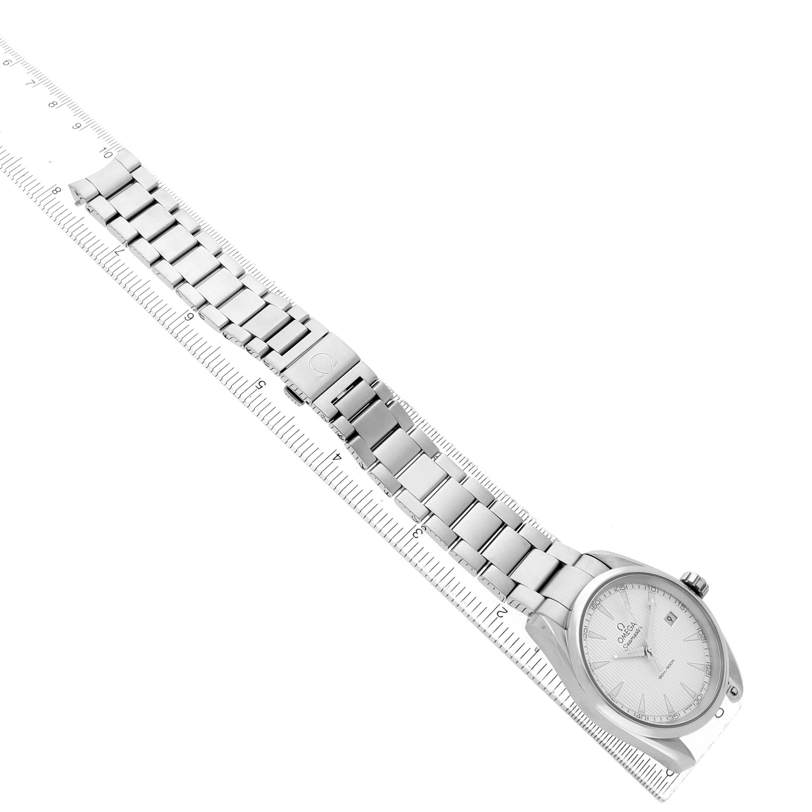 The Omega Aqua Terra 231.10.39.60.02.001 Men's Stainless Steel Silver Dial watch is shown from an angled top view, highlighting its silver bracelet and clasp.