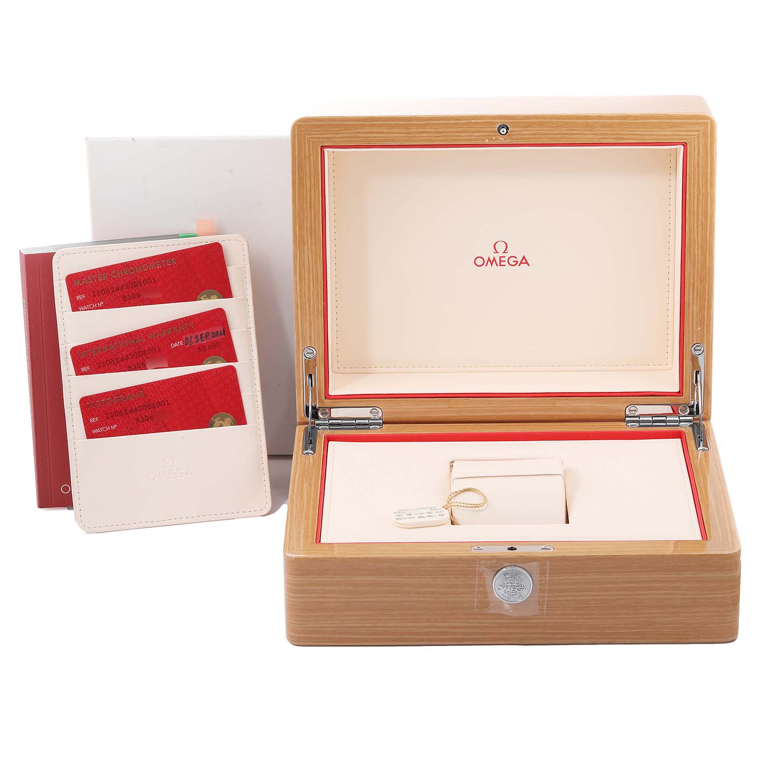 The image shows the wooden box and certification cards for the Omega Seamaster 210.62.44.20.01.00 Men's Ceramic Black Dial 210.62.44.20.01.00 Men's Ceramic Black Dial watch.