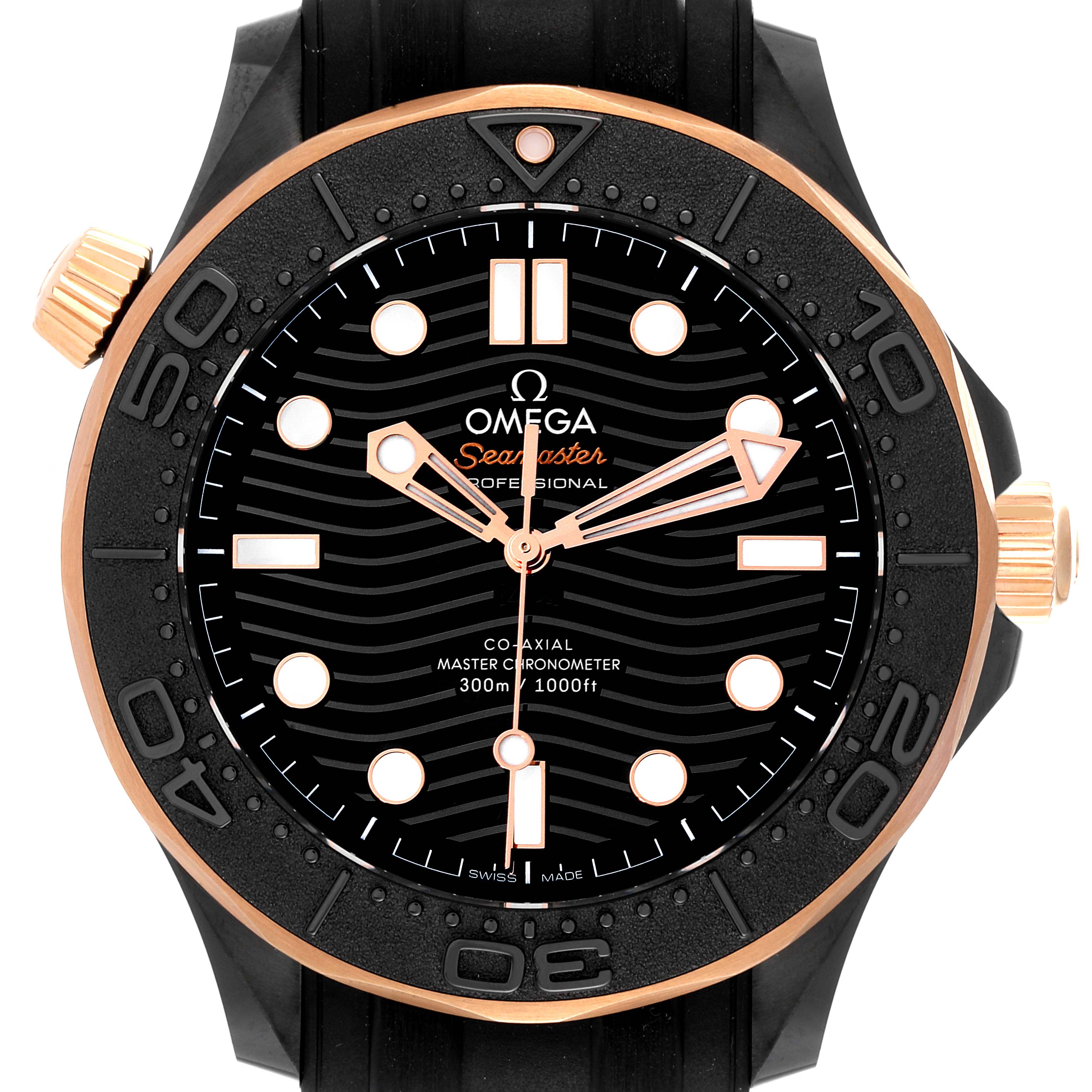 The Omega Seamaster 210.62.44.20.01.00 Men's Ceramic Black Dial 210.62.44.20.01.00 Men's Ceramic Black Dial watch is shown in a straight-on angle showcasing the face, bezel, and part of the strap.