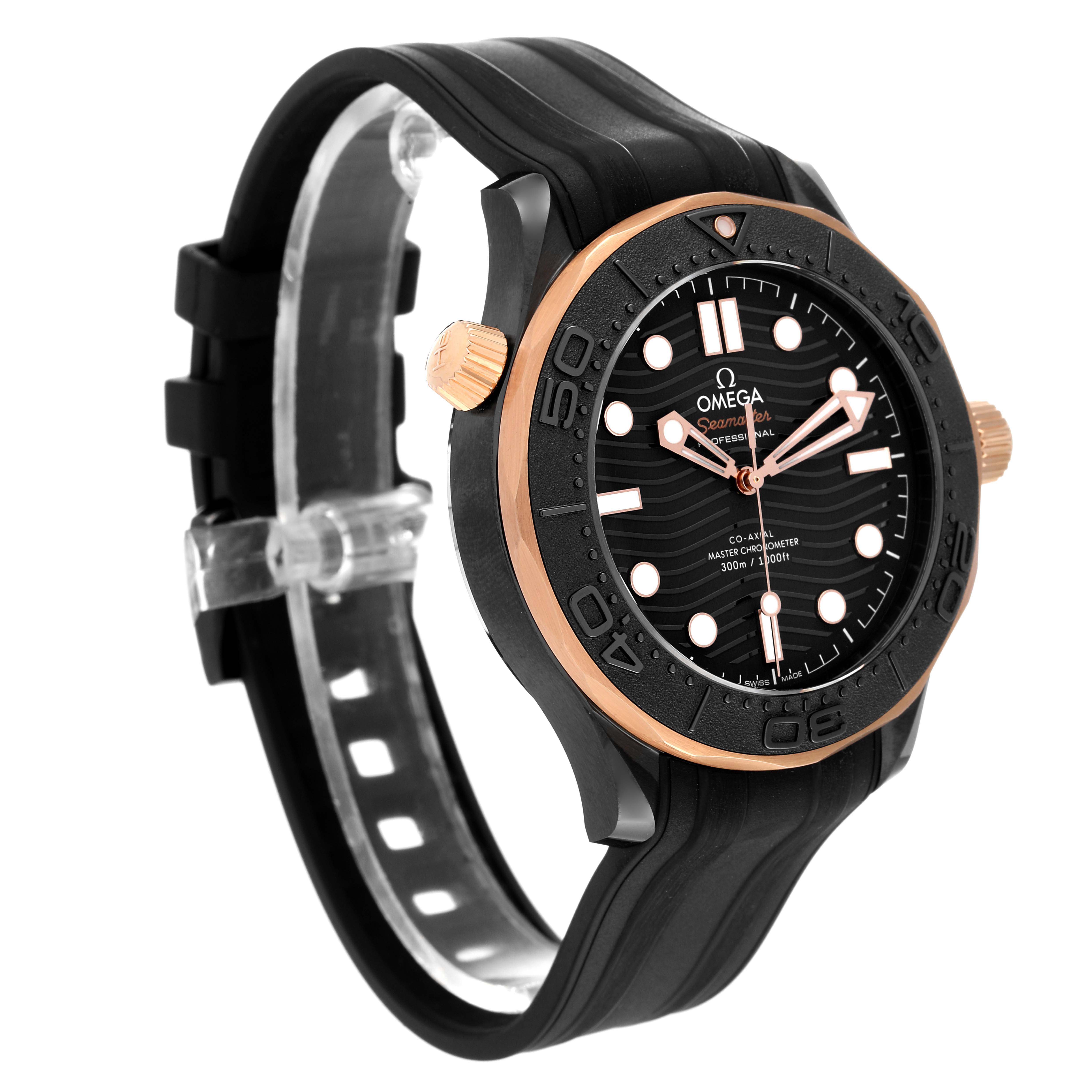 The image shows a side and front view of the Omega Seamaster 210.62.44.20.01.00 Men's Ceramic Black Dial 210.62.44.20.01.00 Men's Ceramic Black Dial watch, highlighting the black rubber strap, bezel, and face details.