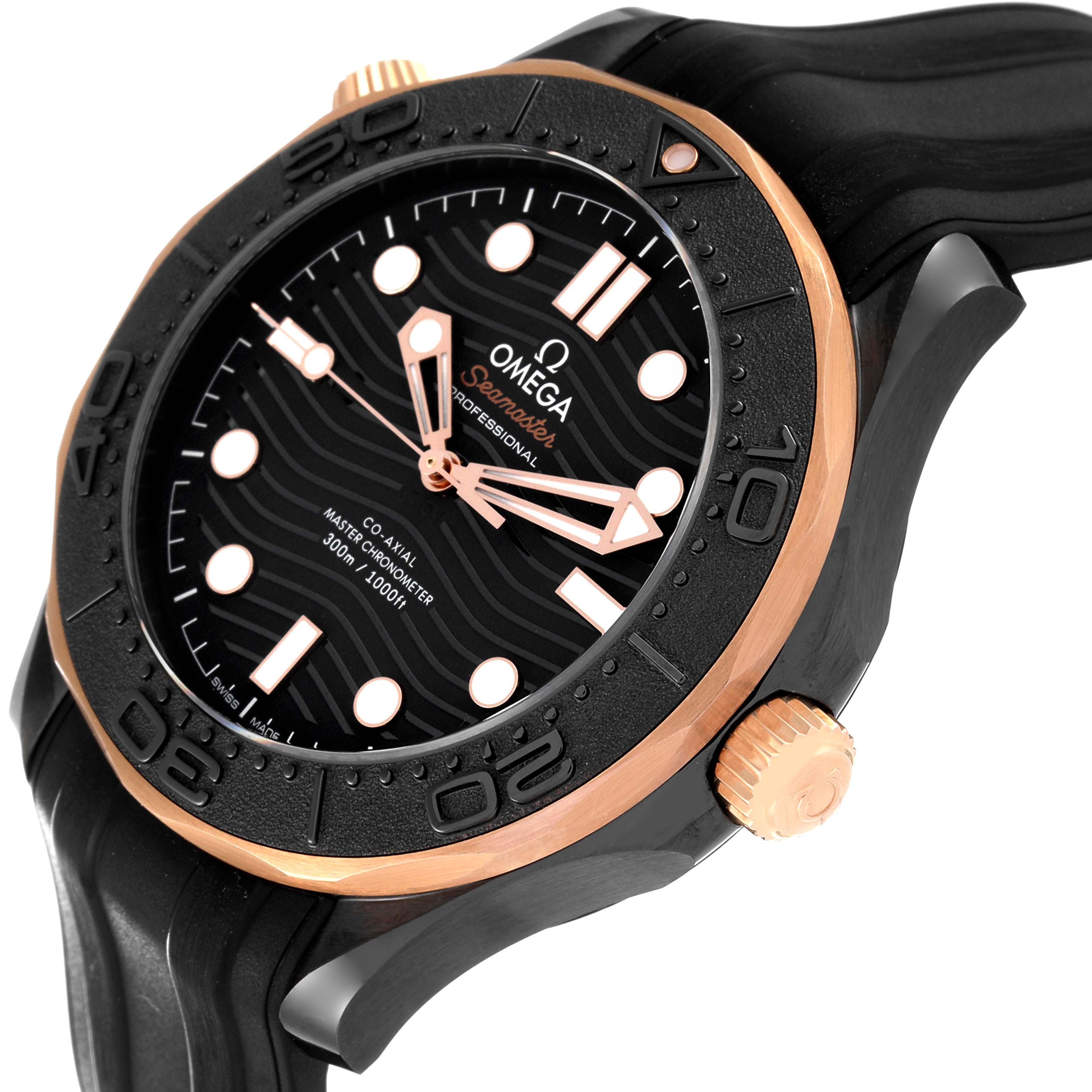 The image shows a close-up, angled view of an Omega Seamaster 210.62.44.20.01.00 Men's Ceramic Black Dial 210.62.44.20.01.00 Men's Ceramic Black Dial watch, highlighting the bezel, dial, and crown.