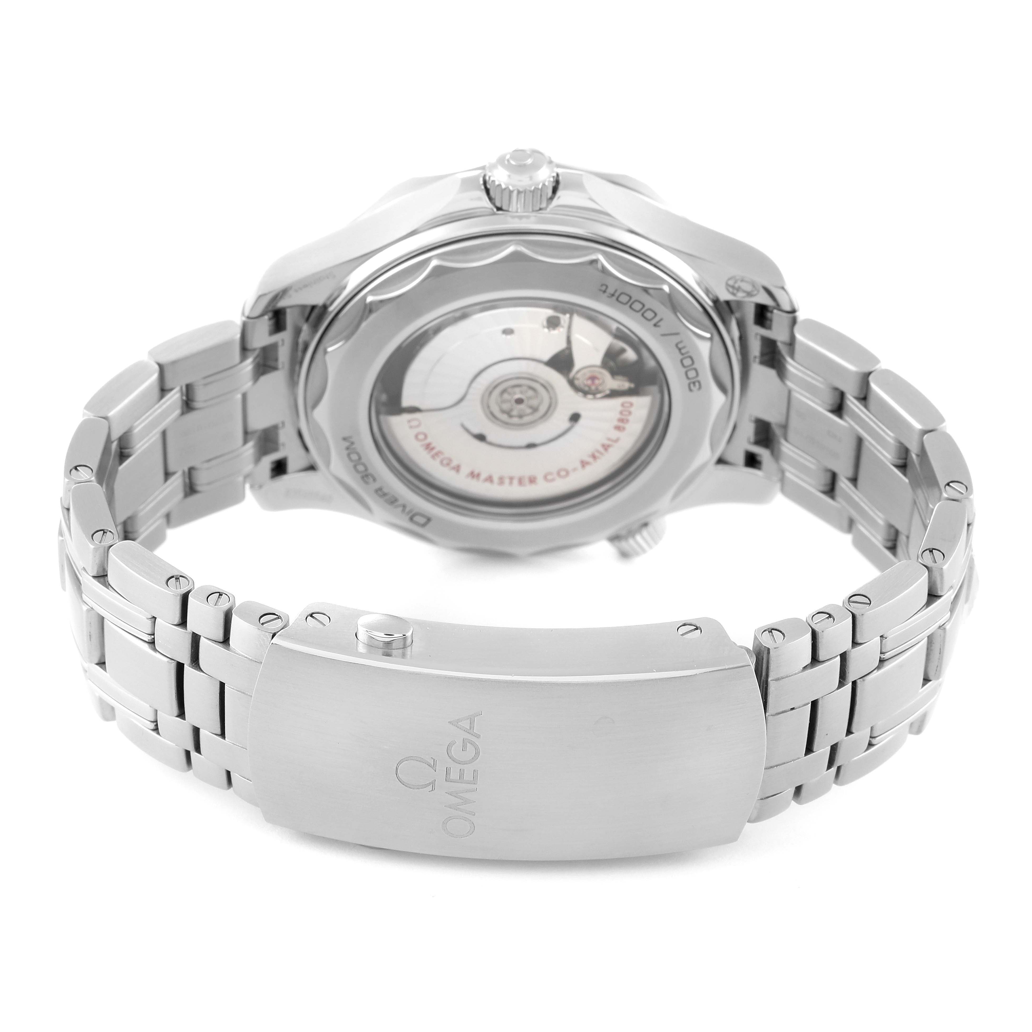 The image shows the back view of an Omega Seamaster 210.30.42.20.01.001 Men's Stainless Steel Black Dial 210.30.42.20.01.001 Men's Stainless Steel Black Dial watch, highlighting the clasp, bracelet, and transparent case back.