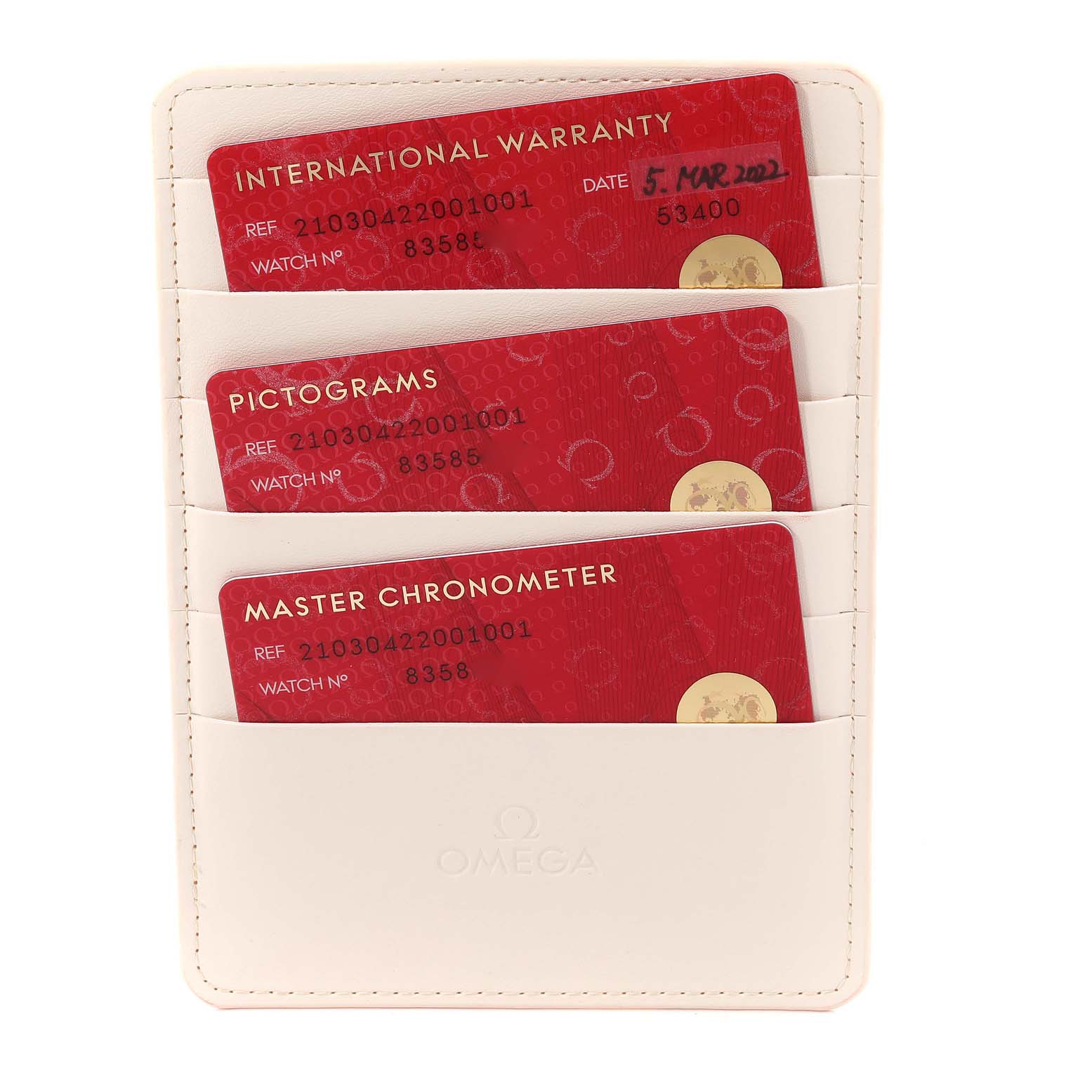 The image shows warranty, pictograms, and Master Chronometer cards for the Omega Seamaster 210.30.42.20.01.001 Men's Stainless Steel Black Dial 210.30.42.20.01.001 Men's Stainless Steel Black Dial watch in a cardholder.