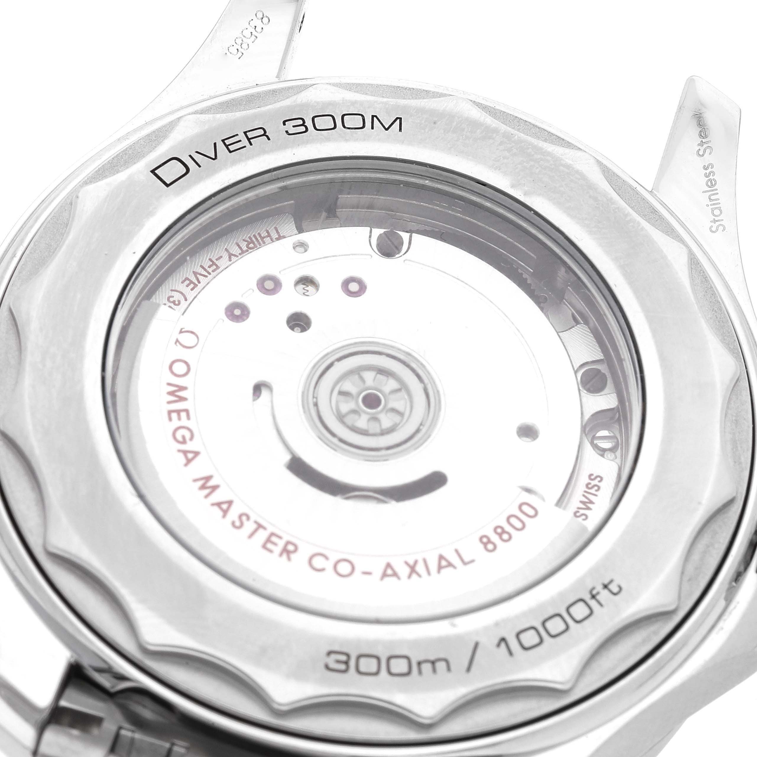 The image shows the case back and visible internal mechanism of the Omega Seamaster 210.30.42.20.01.001 Men's Stainless Steel Black Dial 210.30.42.20.01.001 Men's Stainless Steel Black Dial 300M Co-Axial Master Chronometer.