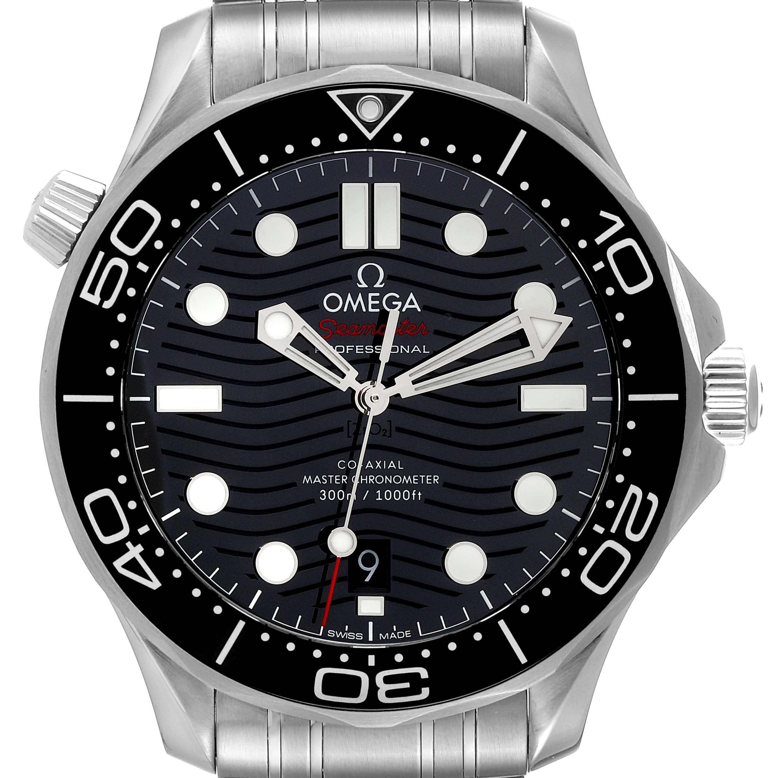 The image shows a front view of an Omega Seamaster 210.30.42.20.01.001 Men's Stainless Steel Black Dial 210.30.42.20.01.001 Men's Stainless Steel Black Dial watch, highlighting its dial, bezel, and strap.
