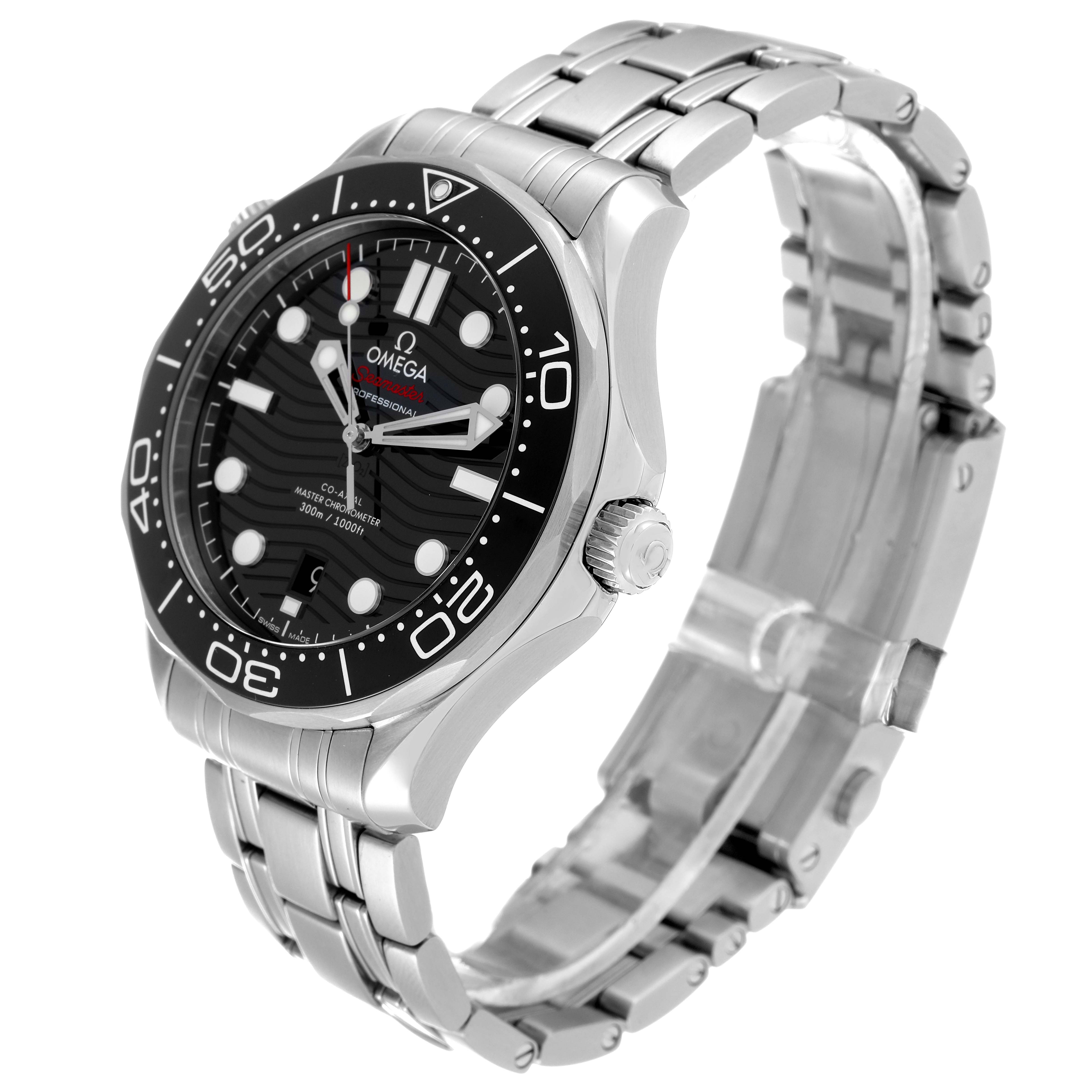 The Omega Seamaster 210.30.42.20.01.001 Men's Stainless Steel Black Dial 210.30.42.20.01.001 Men's Stainless Steel Black Dial watch is pictured at a three-quarter angle, showing its face, bezel, crown, and metallic bracelet.