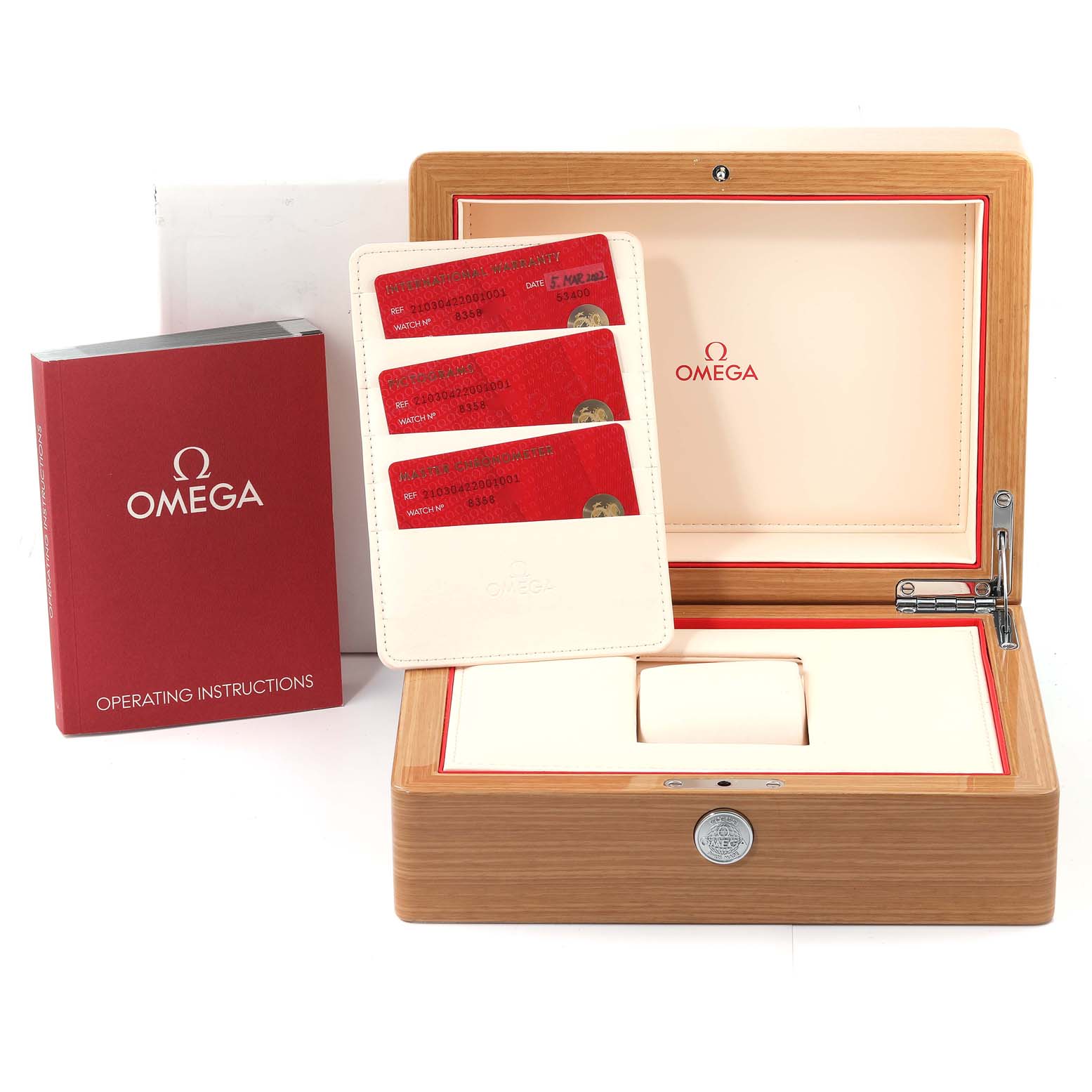 The image shows the packaging and accessories for the Omega Seamaster 210.30.42.20.01.001 Men's Stainless Steel Black Dial 210.30.42.20.01.001 Men's Stainless Steel Black Dial watch, including the box, operating instructions, and cards.
