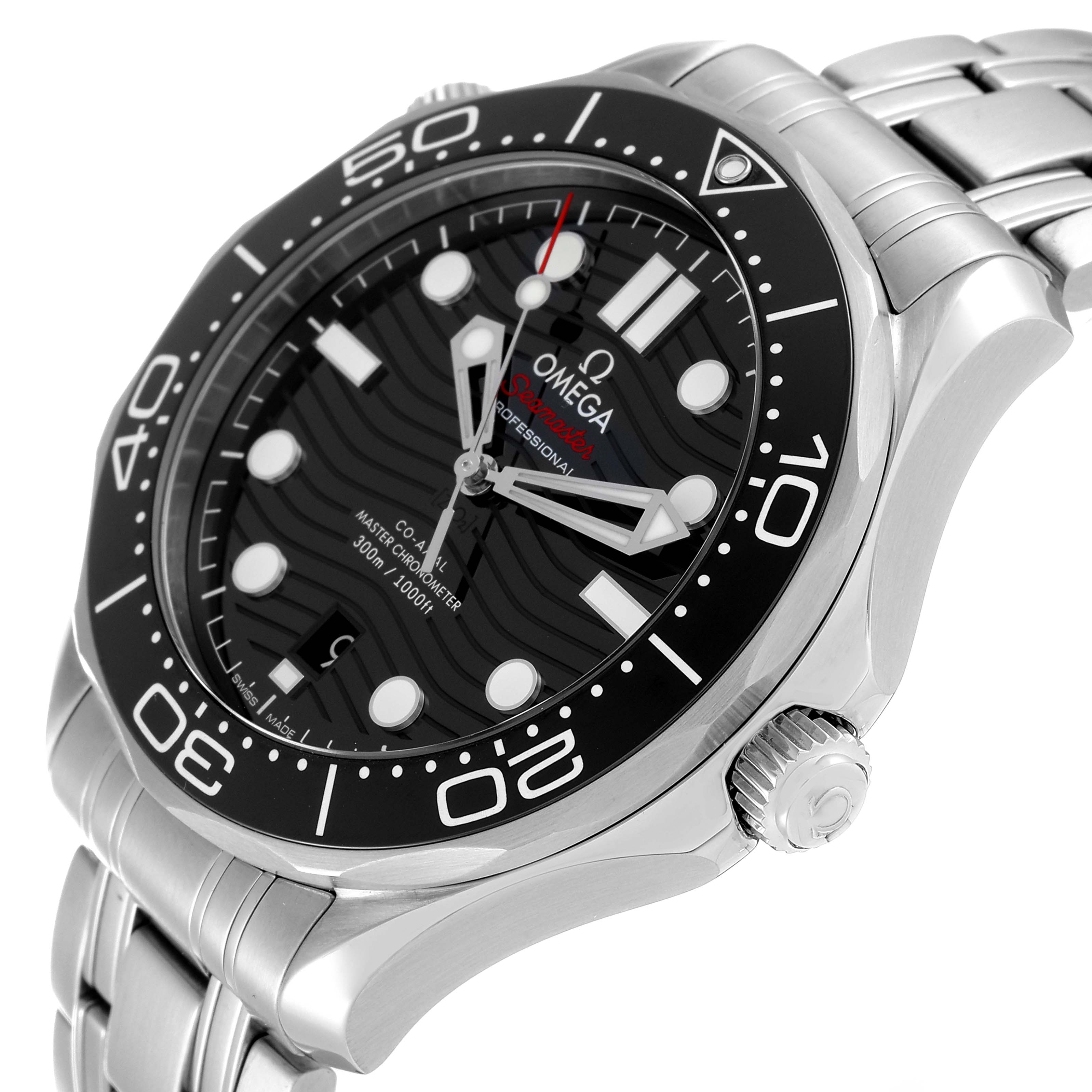 The image shows an angled view of the Omega Seamaster 210.30.42.20.01.001 Men's Stainless Steel Black Dial 210.30.42.20.01.001 Men's Stainless Steel Black Dial watch, highlighting its bezel, dial, crown, and part of the bracelet.