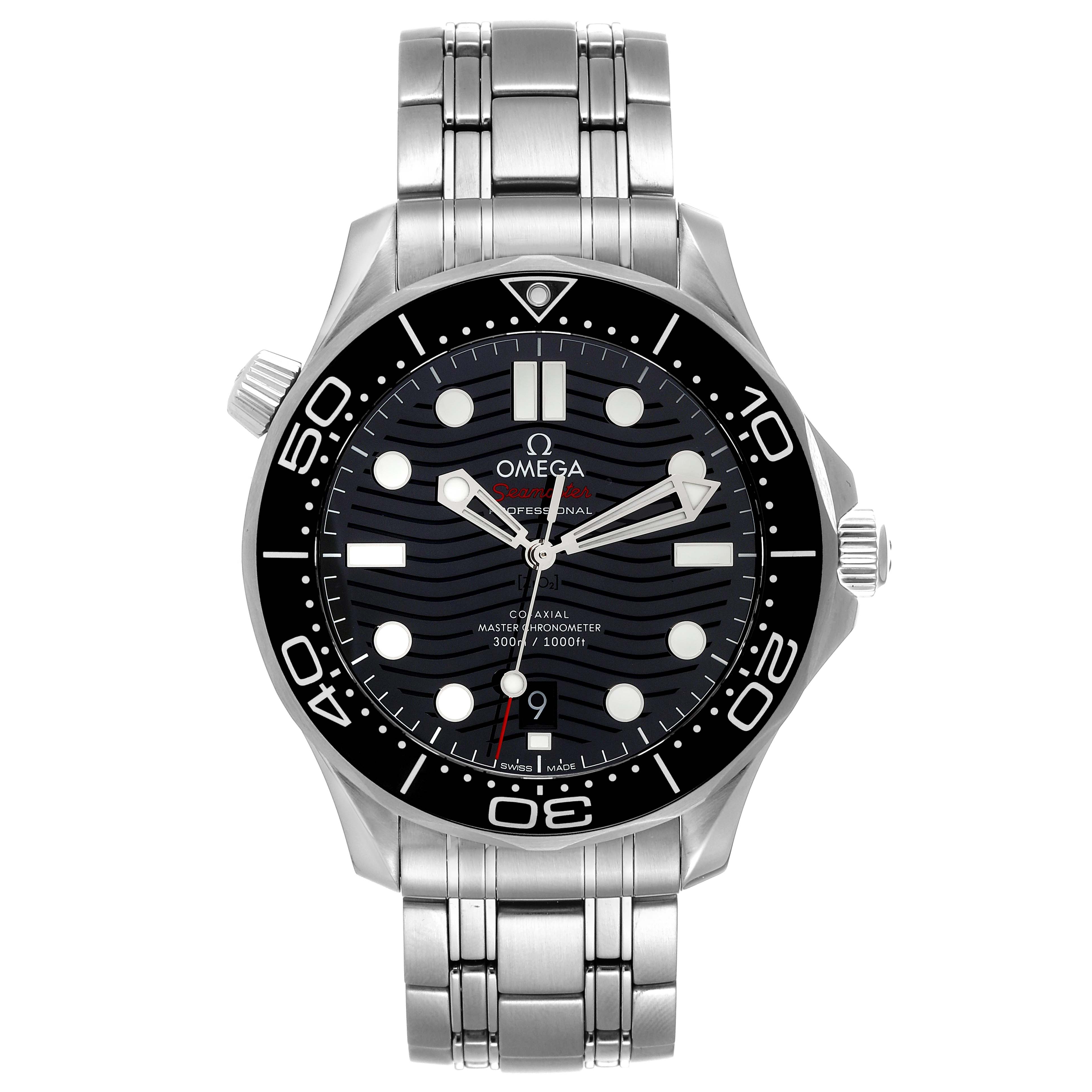This image shows a frontal view of the Omega Seamaster 210.30.42.20.01.001 Men's Stainless Steel Black Dial 210.30.42.20.01.001 Men's Stainless Steel Black Dial watch, highlighting the dial, bezel, crown, and metal bracelet.