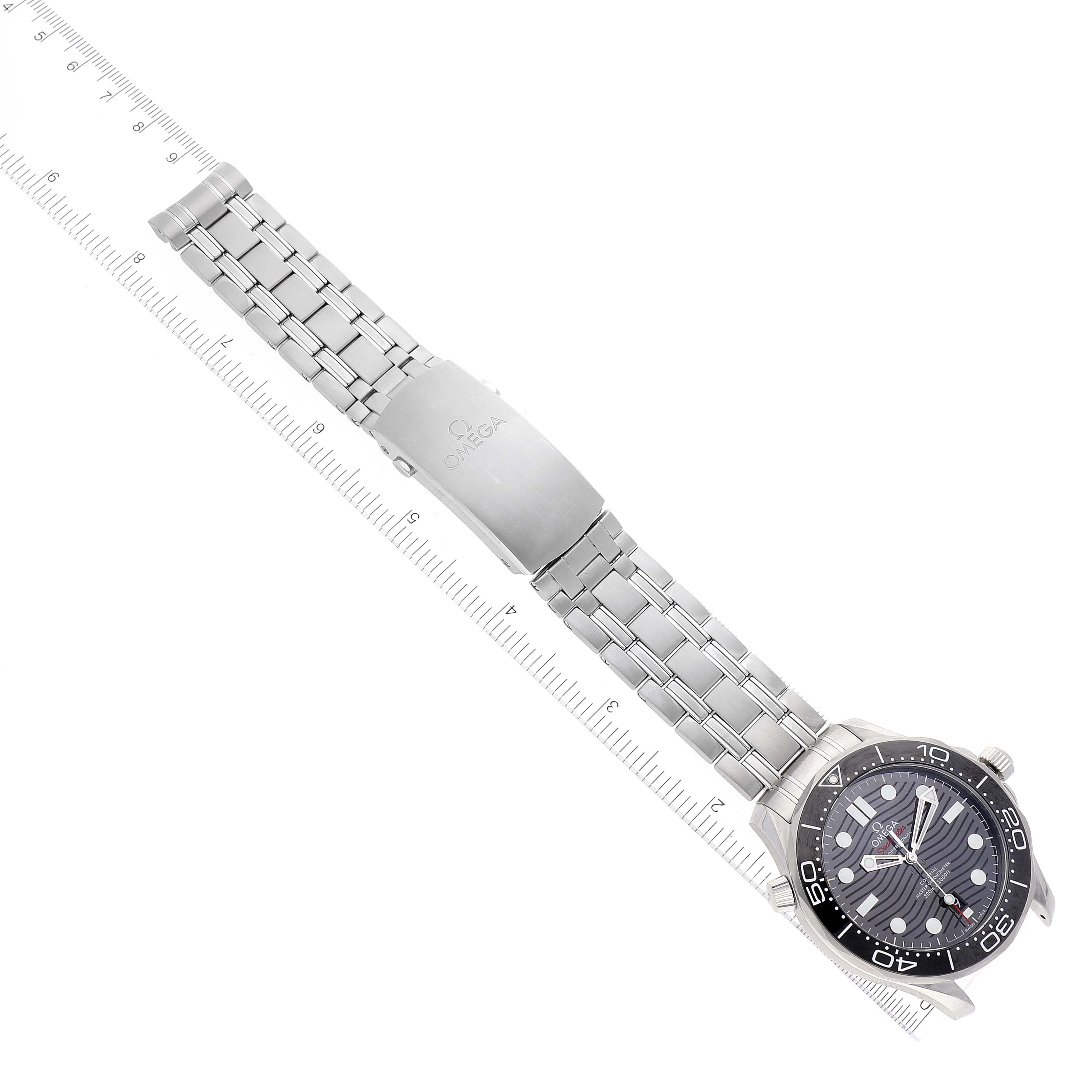 The image shows an Omega Seamaster 210.30.42.20.01.001 Men's Stainless Steel Black Dial 210.30.42.20.01.001 Men's Stainless Steel Black Dial watch at a slightly angled top-down view, displaying the dial, bezel, case, and metal bracelet.