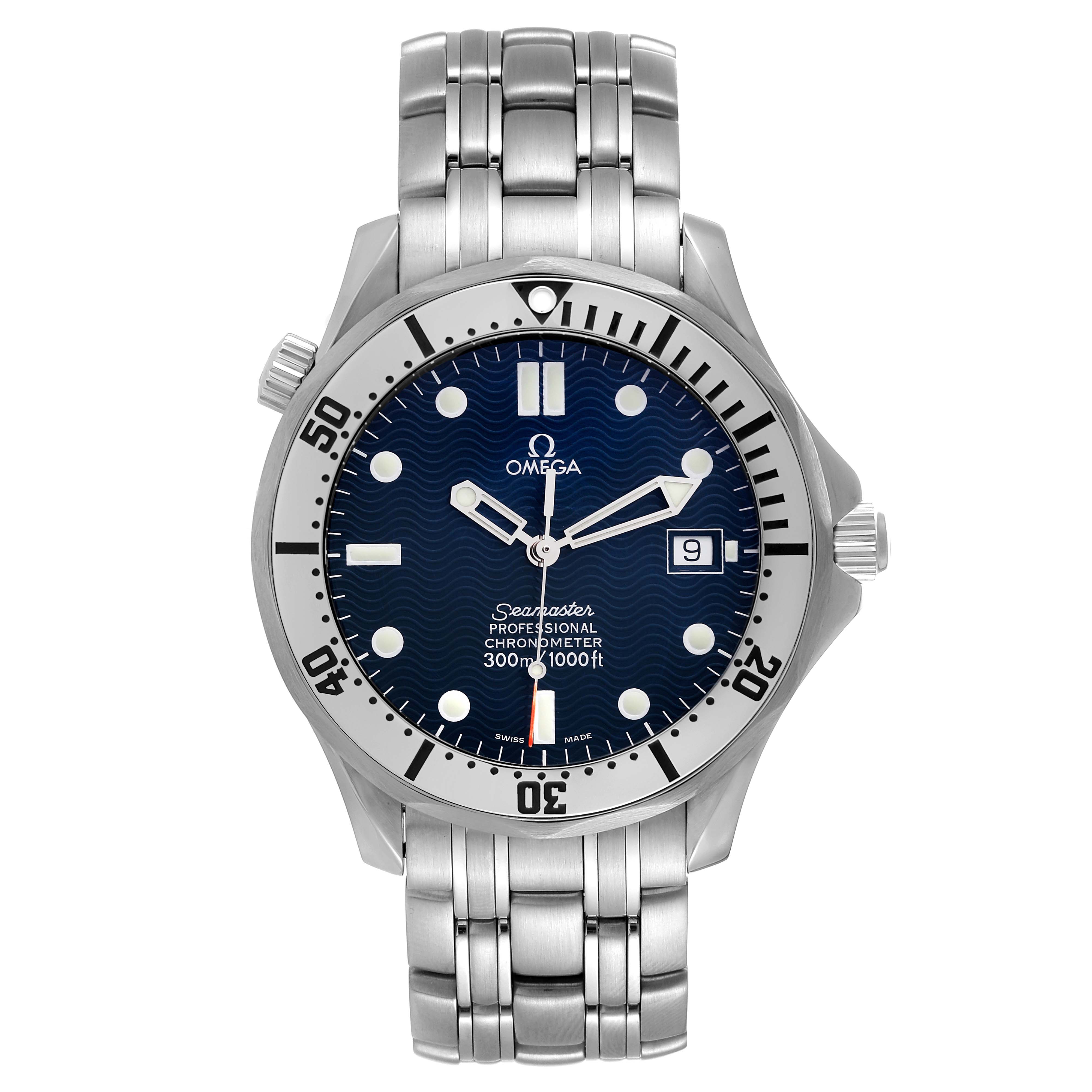 The image displays an Omega Seamaster 2532.80.00 Men's Stainless Steel Blue Dial 2532.80.00 Men's Stainless Steel Blue Dial watch from a front angle, showing the dial, bezel, case, crown, and bracelet.