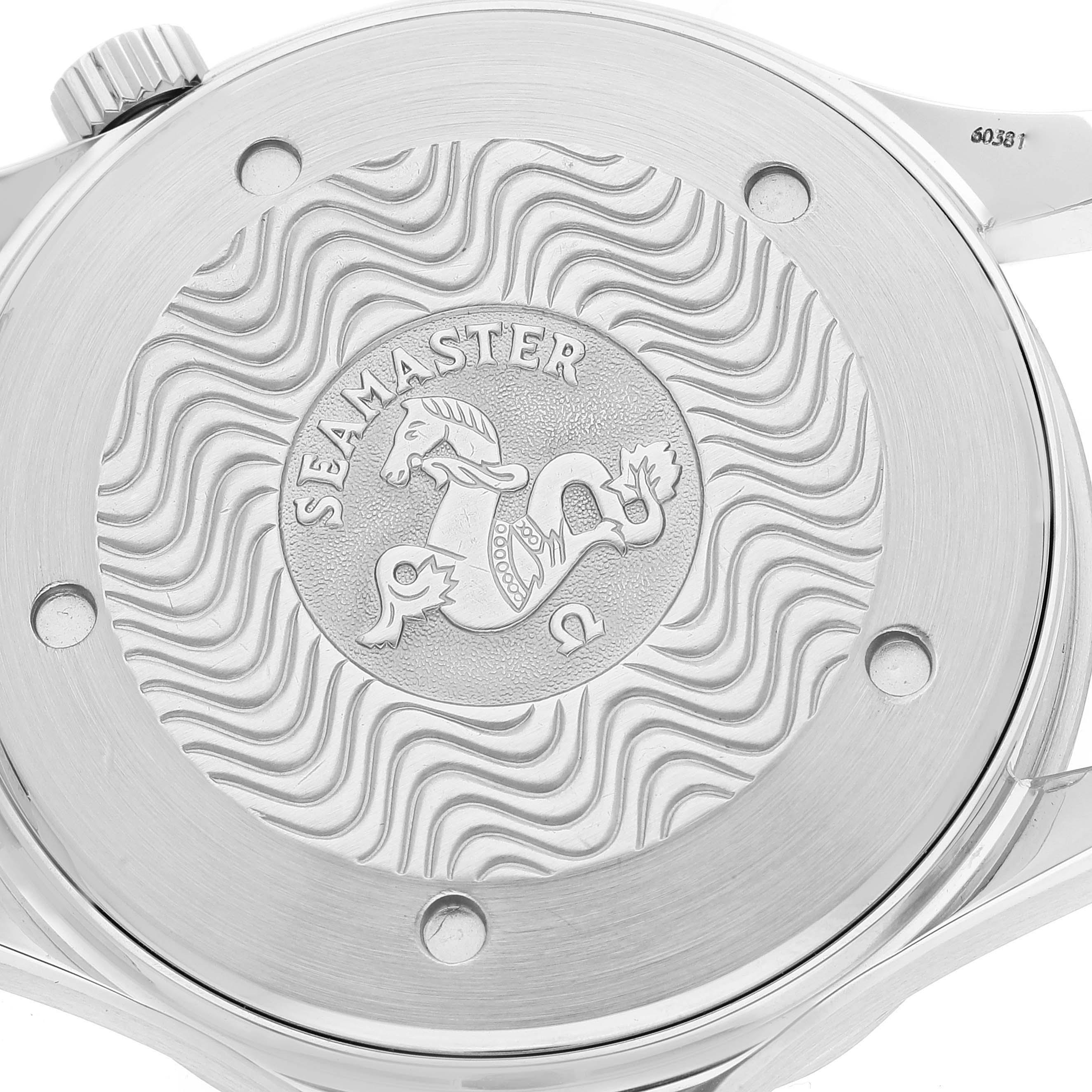 The image shows the case back of an Omega Seamaster 2532.80.00 Men's Stainless Steel Blue Dial 2532.80.00 Men's Stainless Steel Blue Dial watch, featuring the embossed Seamaster logo.