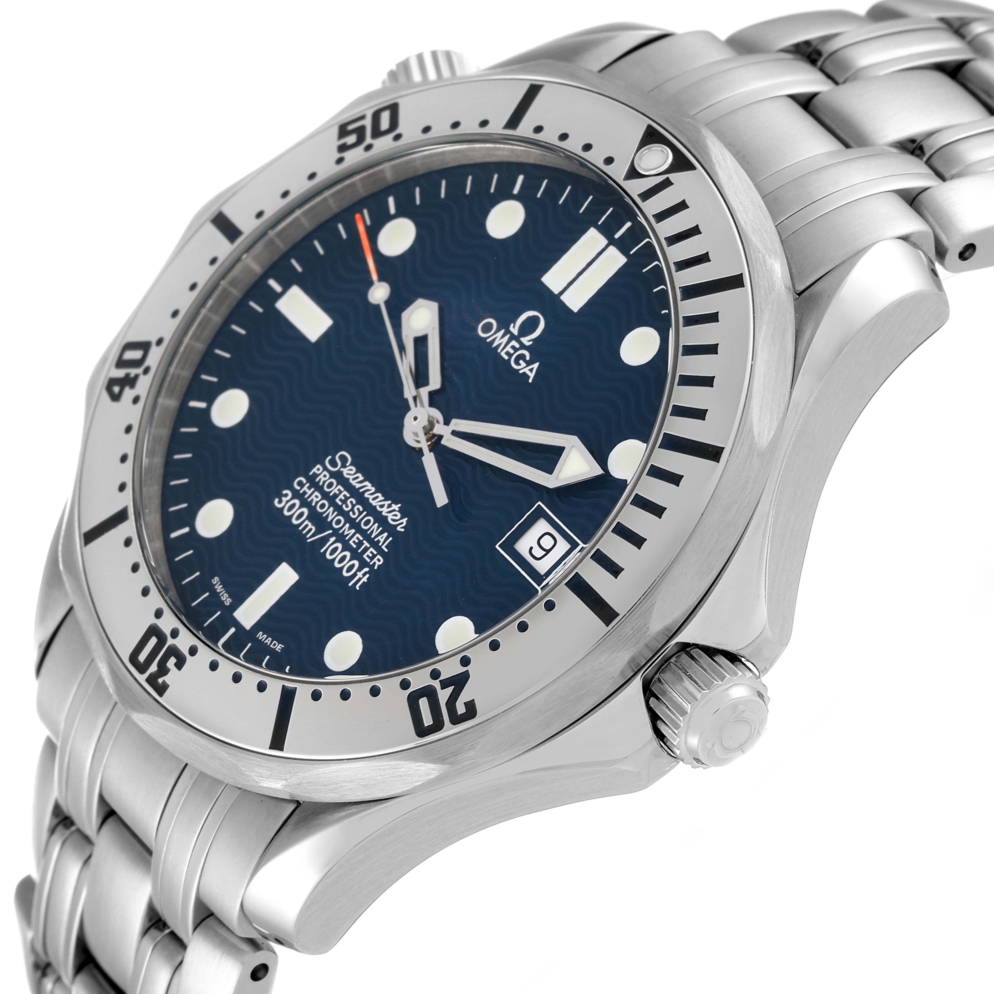 The image shows an Omega Seamaster 2532.80.00 Men's Stainless Steel Blue Dial 2532.80.00 Men's Stainless Steel Blue Dial watch at an angled view, highlighting the dial, bezel, crown, and bracelet.