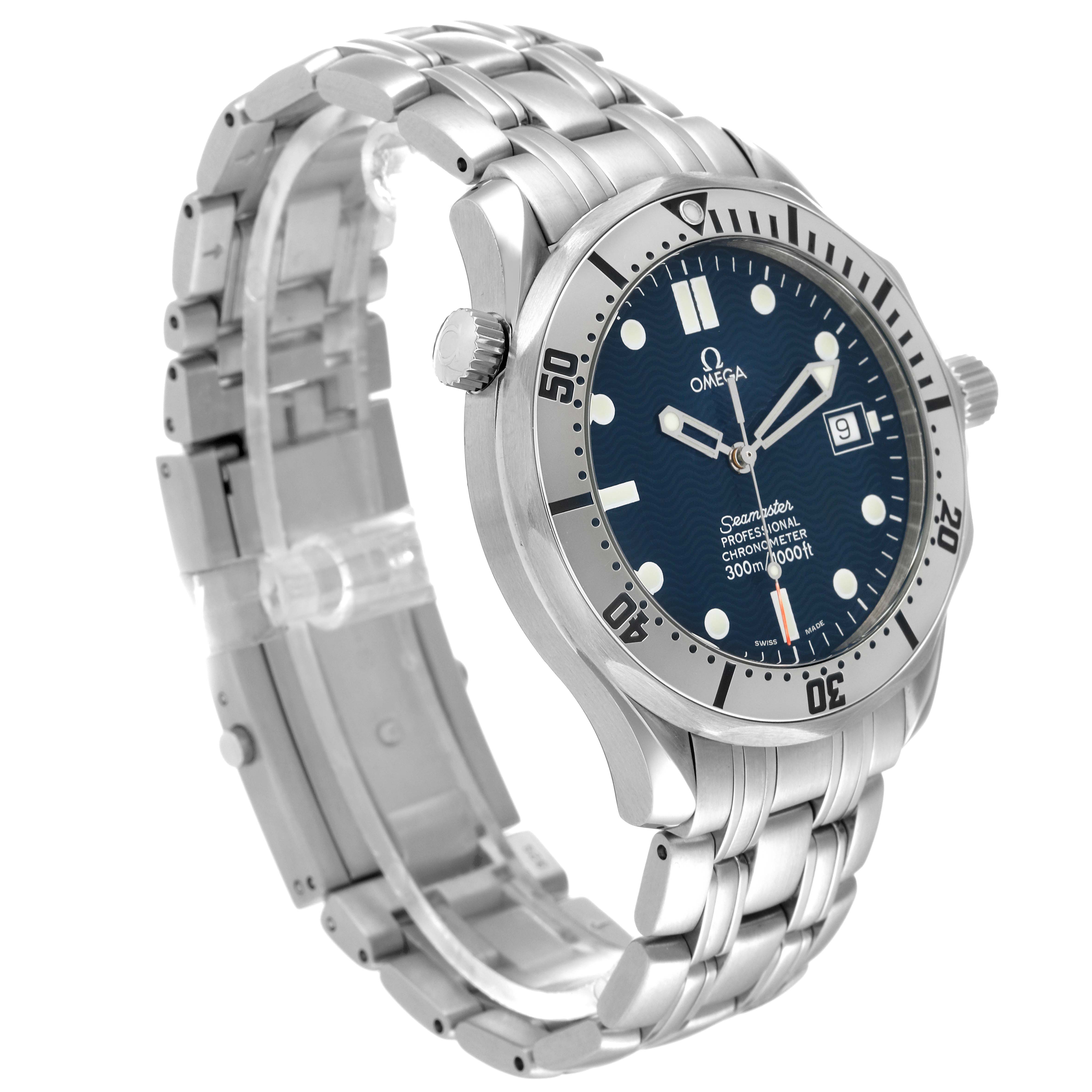The image shows a side angle of the Omega Seamaster 2532.80.00 Men's Stainless Steel Blue Dial 2532.80.00 Men's Stainless Steel Blue Dial watch, highlighting the bracelet, bezel, and dial.