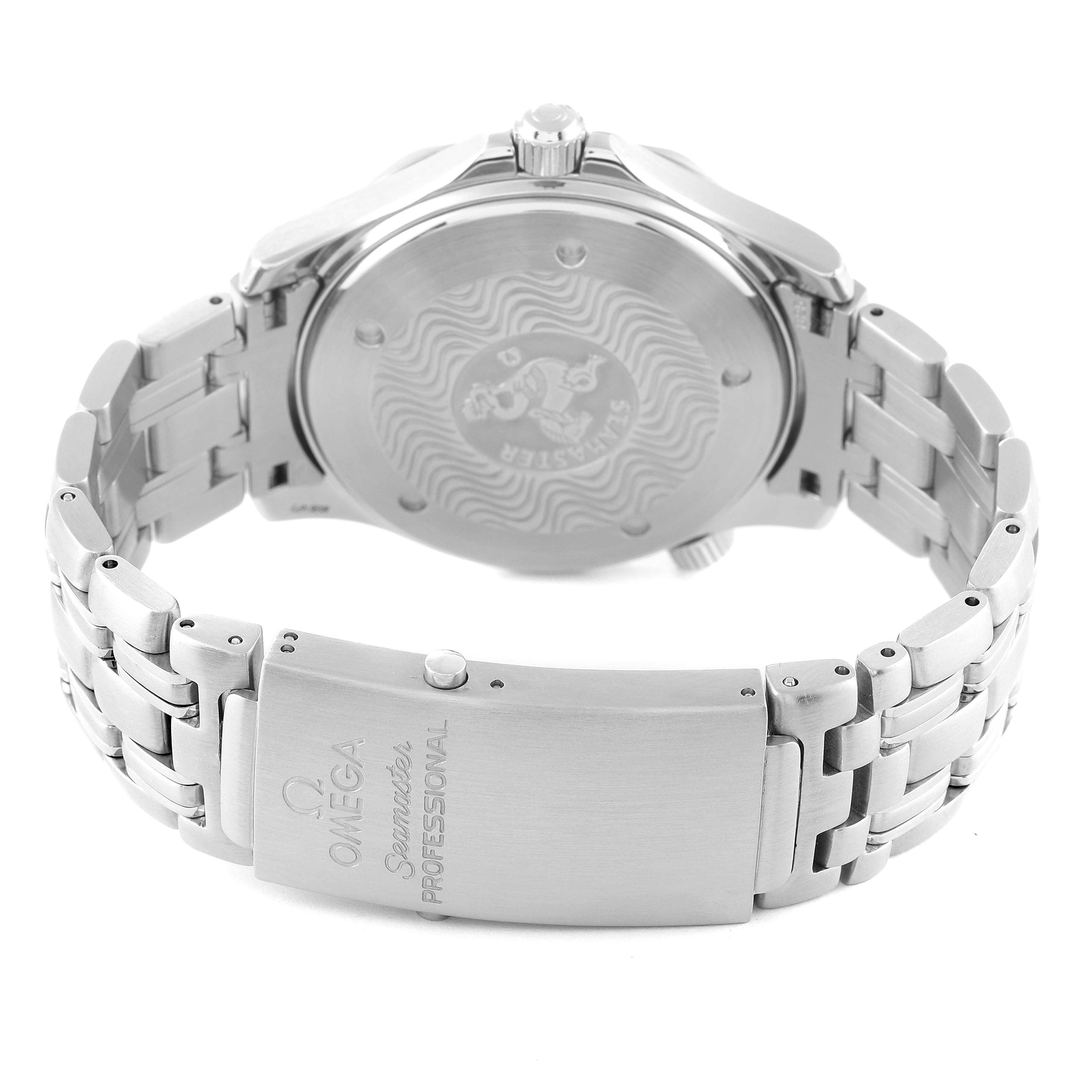 This image shows the back case and clasp of the Omega Seamaster 2532.80.00 Men's Stainless Steel Blue Dial 2532.80.00 Men's Stainless Steel Blue Dial watch, highlighting the engraved case back and metal bracelet.