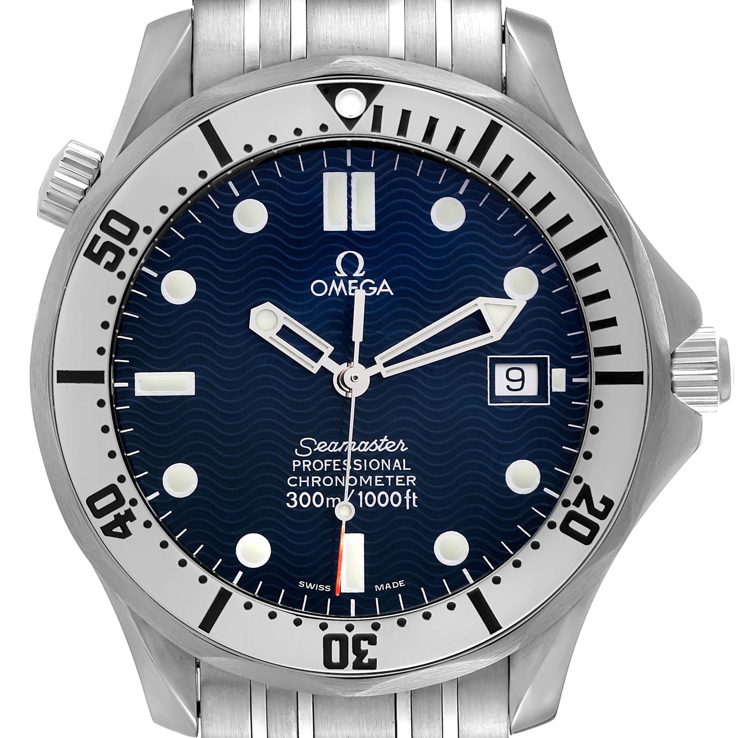 The image shows a front view of the Omega Seamaster 2532.80.00 Men's Stainless Steel Blue Dial 2532.80.00 Men's Stainless Steel Blue Dial watch, displaying the dial, bezel, bracelet, and crown.