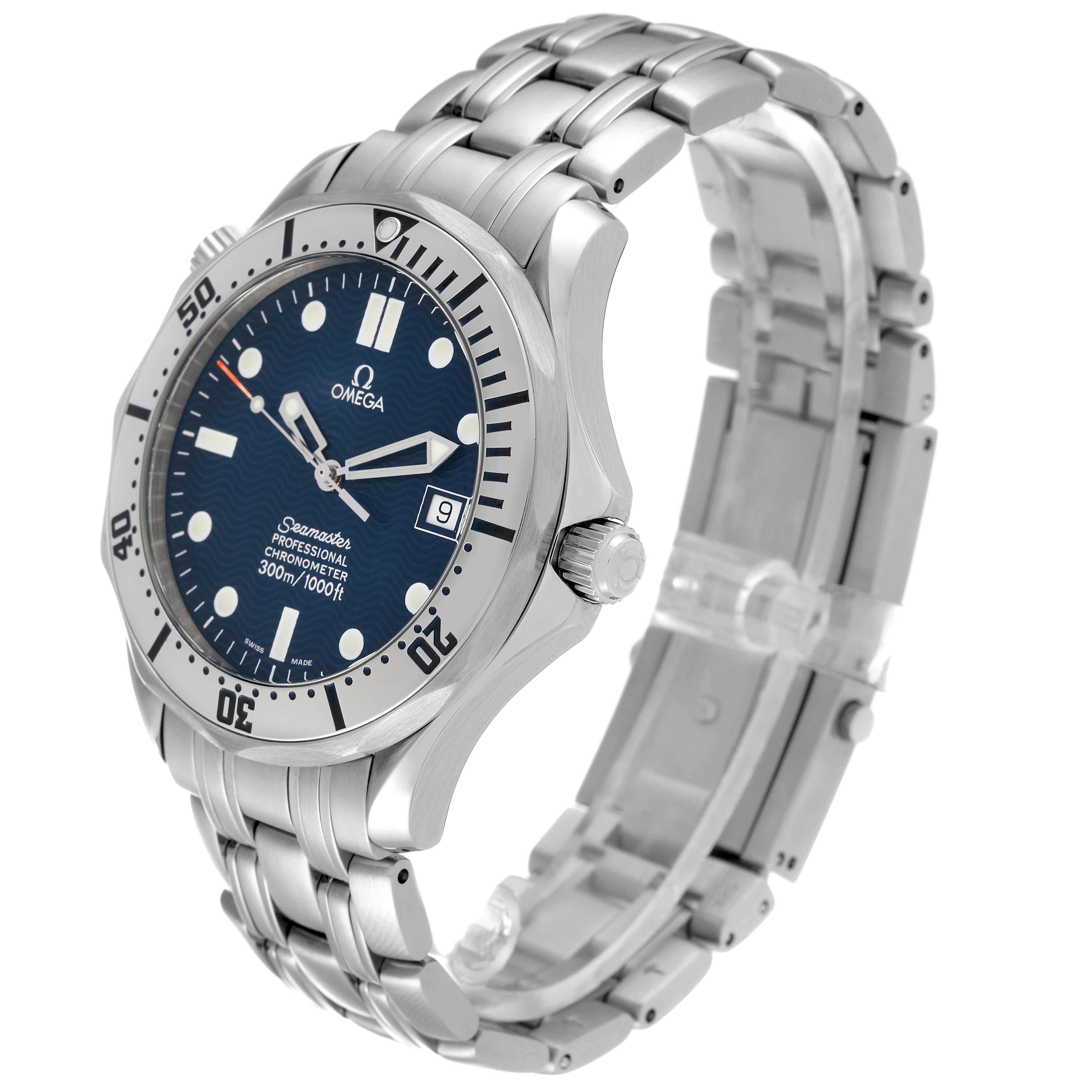 The image shows the Omega Seamaster 2532.80.00 Men's Stainless Steel Blue Dial 2532.80.00 Men's Stainless Steel Blue Dial watch at an angle, displaying its face, bezel, crown, and metal bracelet.