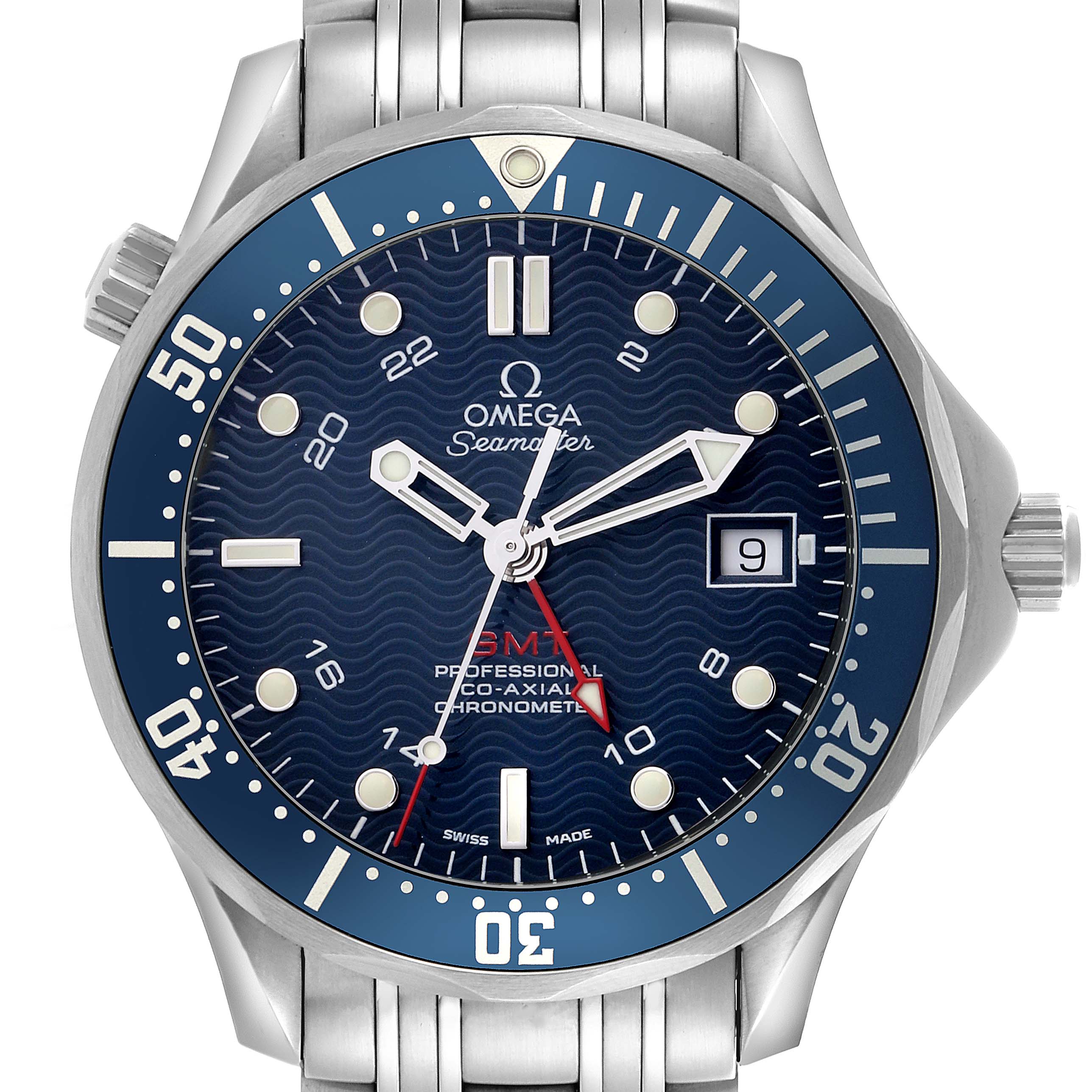 The Omega Seamaster 2535.80.00 Men
s Stainless Steel Blue Dial 2535.80.00 Men
s Stainless Steel Blue Dial watch is shown from the front, highlighting its dial, bezel, and partial bracelet.