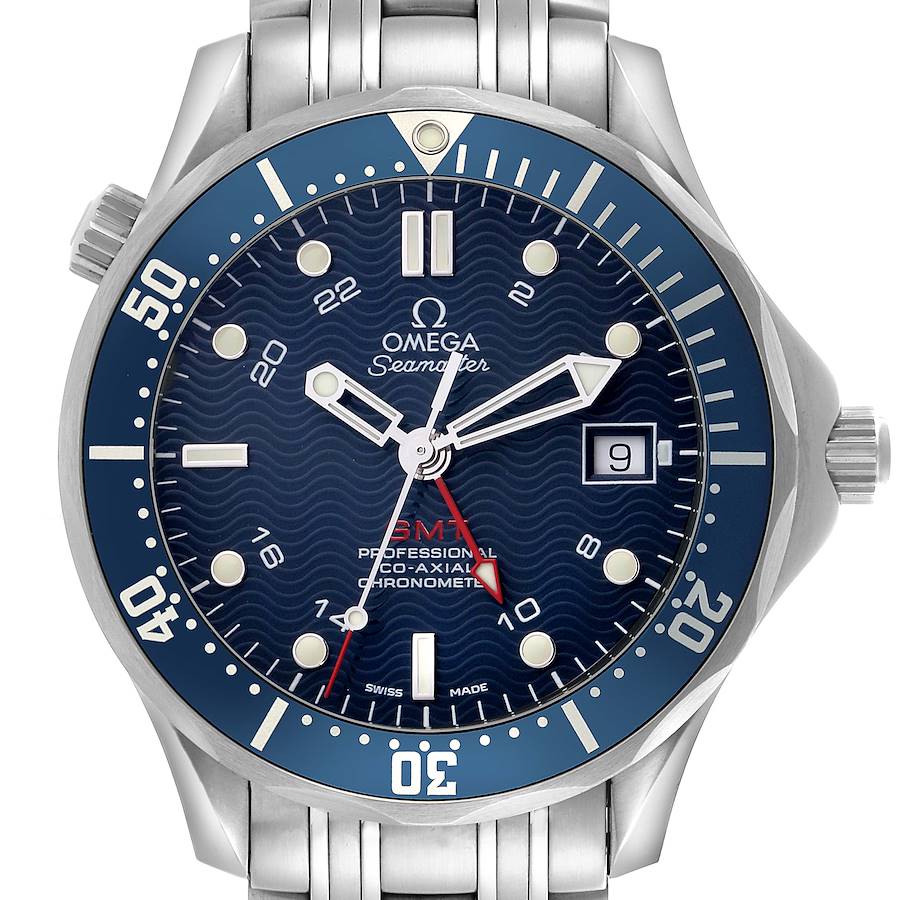 The Omega Seamaster watch is shown from the front, highlighting its dial, bezel, and partial bracelet.