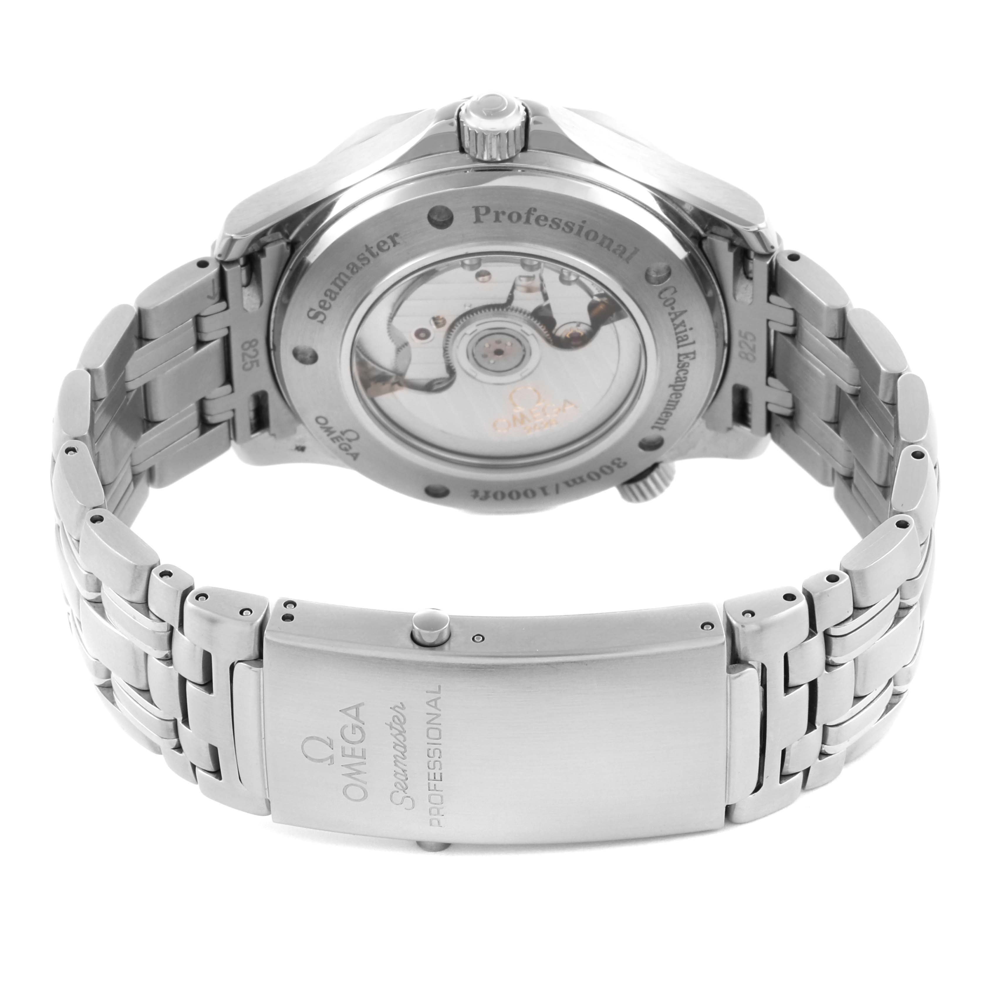 The Omega Seamaster 2535.80.00 Men
s Stainless Steel Blue Dial 2535.80.00 Men
s Stainless Steel Blue Dial watch is shown from the rear, displaying the case back and bracelet with the clasp visible.