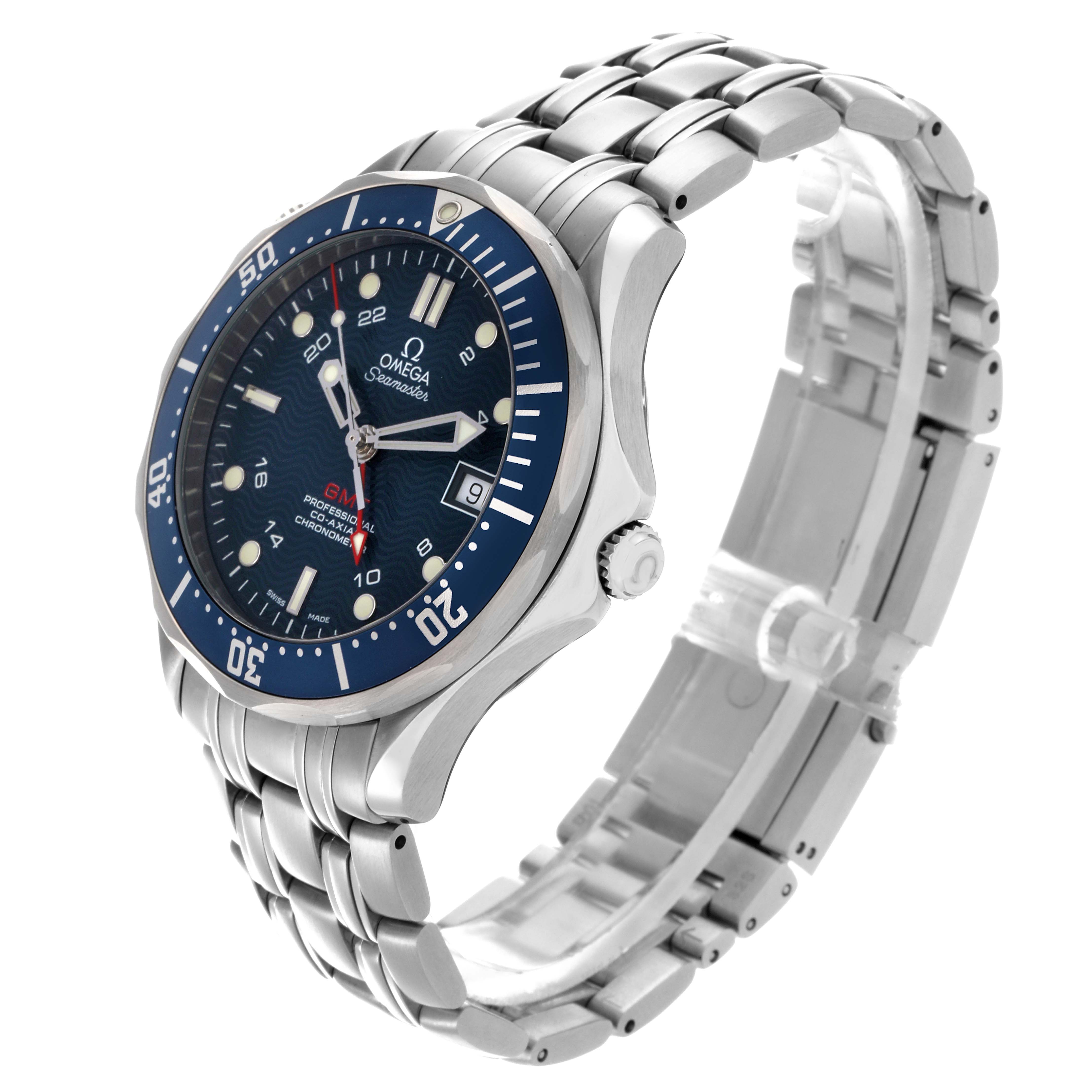 The Omega Seamaster 2535.80.00 Men
s Stainless Steel Blue Dial 2535.80.00 Men
s Stainless Steel Blue Dial watch is shown at a three-quarter angle, highlighting the face, bezel, crown, and stainless steel bracelet.