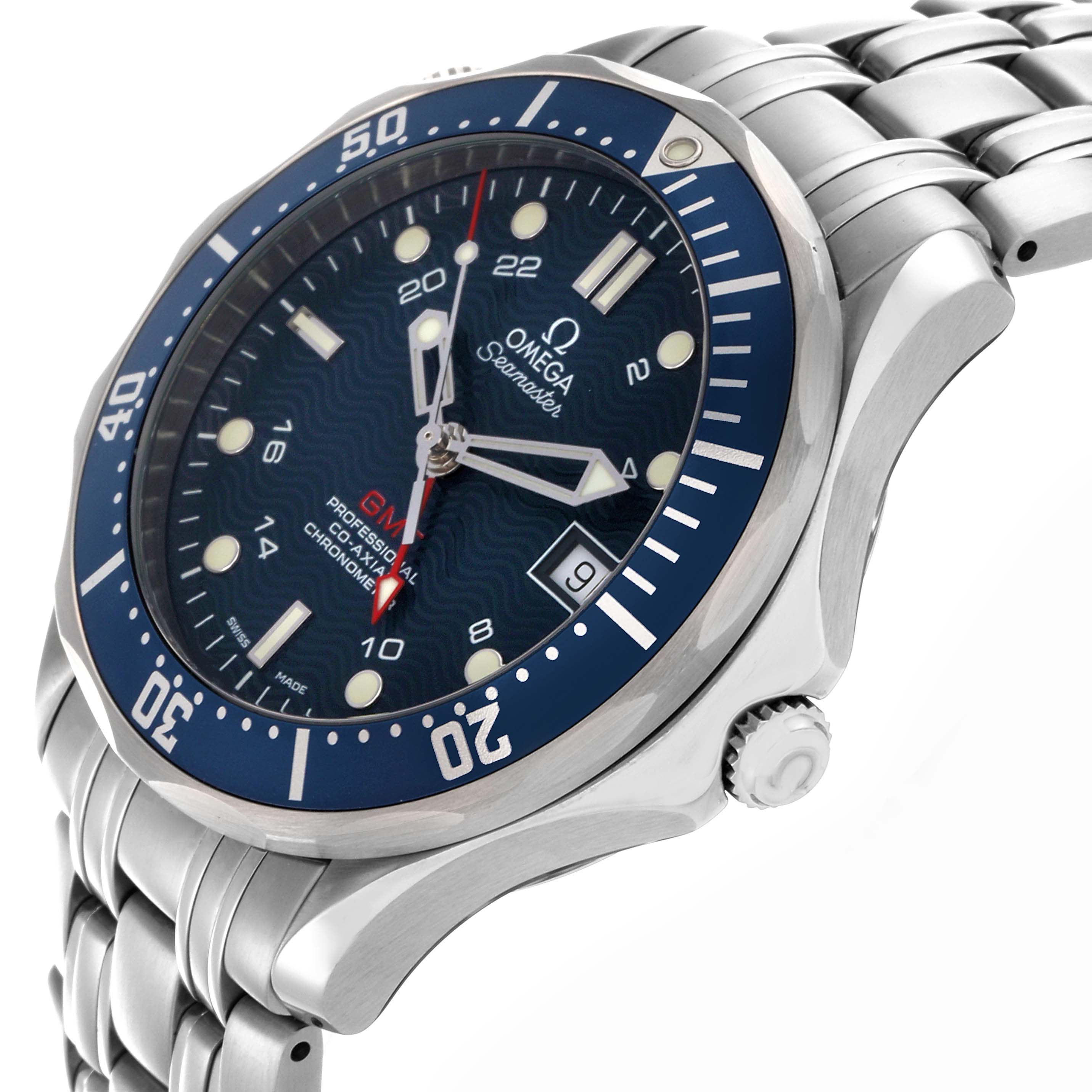 The Omega Seamaster 2535.80.00 Men
s Stainless Steel Blue Dial 2535.80.00 Men
s Stainless Steel Blue Dial watch is shown at a three-quarter angle, displaying the dial, bezel, crown, and metal bracelet.