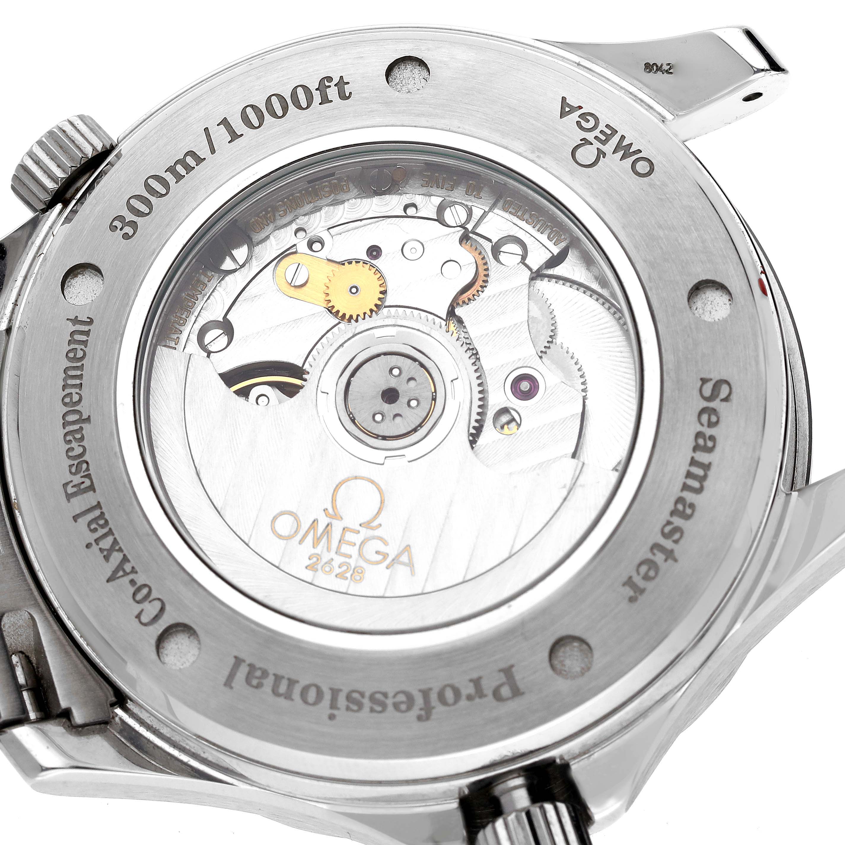 The image shows the back of the Omega Seamaster 2535.80.00 Men
s Stainless Steel Blue Dial 2535.80.00 Men
s Stainless Steel Blue Dial, displaying its mechanical movement and transparent case back.