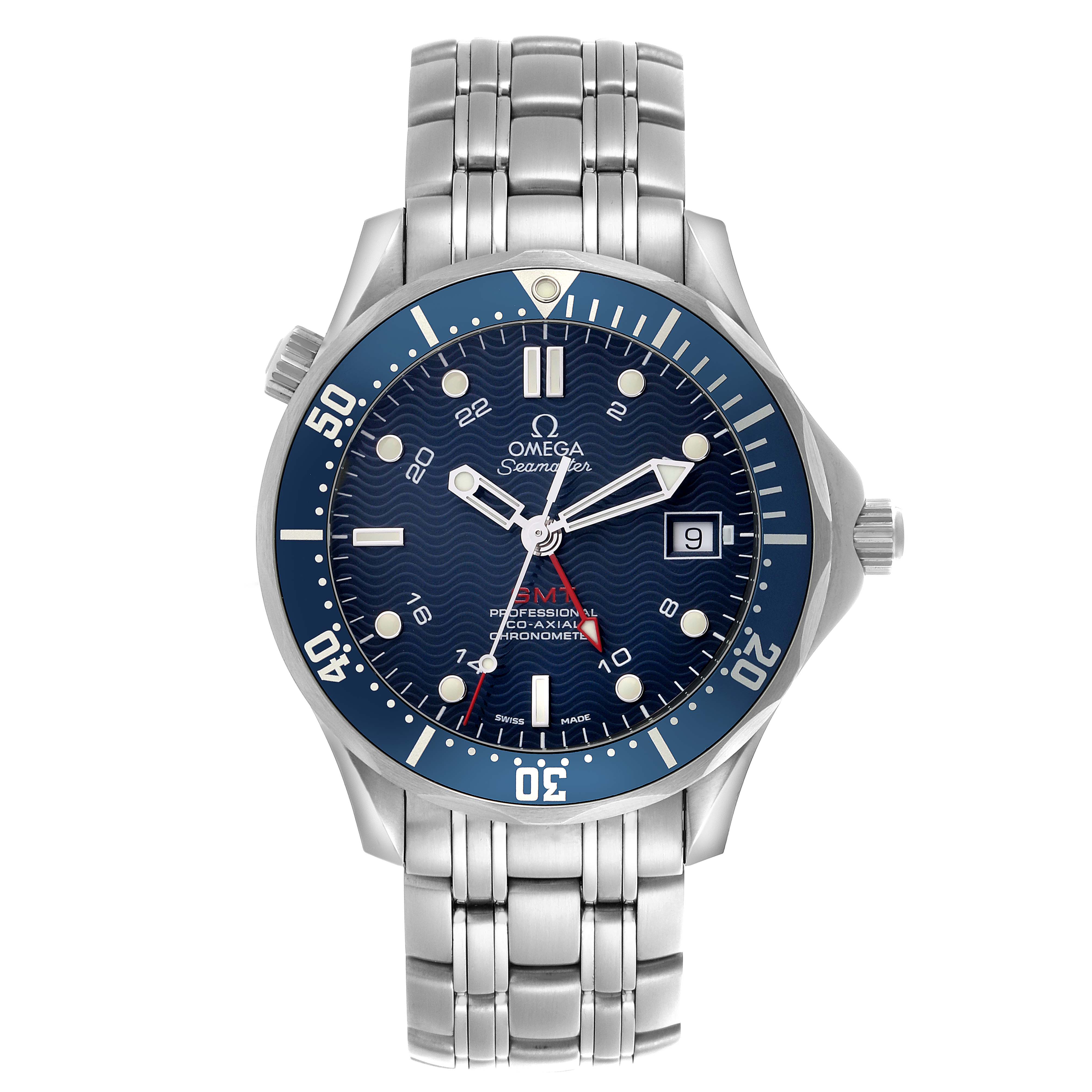 The Omega Seamaster 2535.80.00 Men
s Stainless Steel Blue Dial 2535.80.00 Men
s Stainless Steel Blue Dial watch is shown from a front angle, displaying the dial, bezel, bracelet, and date window.