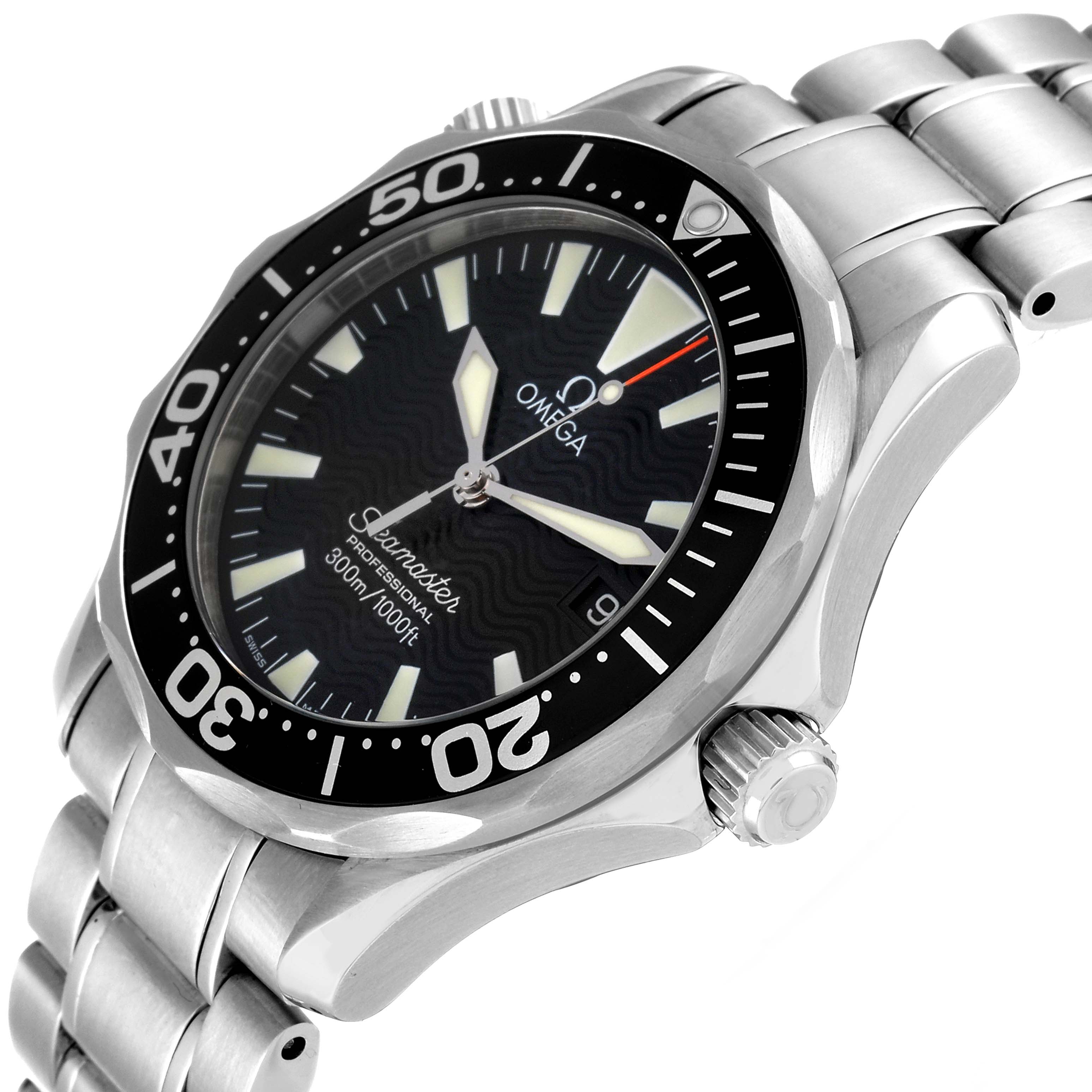 The image shows a close-up, angled view of the Omega Seamaster 2262.50.00 Men's Stainless Steel Black Dial 2262.50.00 Men's Stainless Steel Black Dial watch, highlighting the face, bezel, and part of the bracelet.