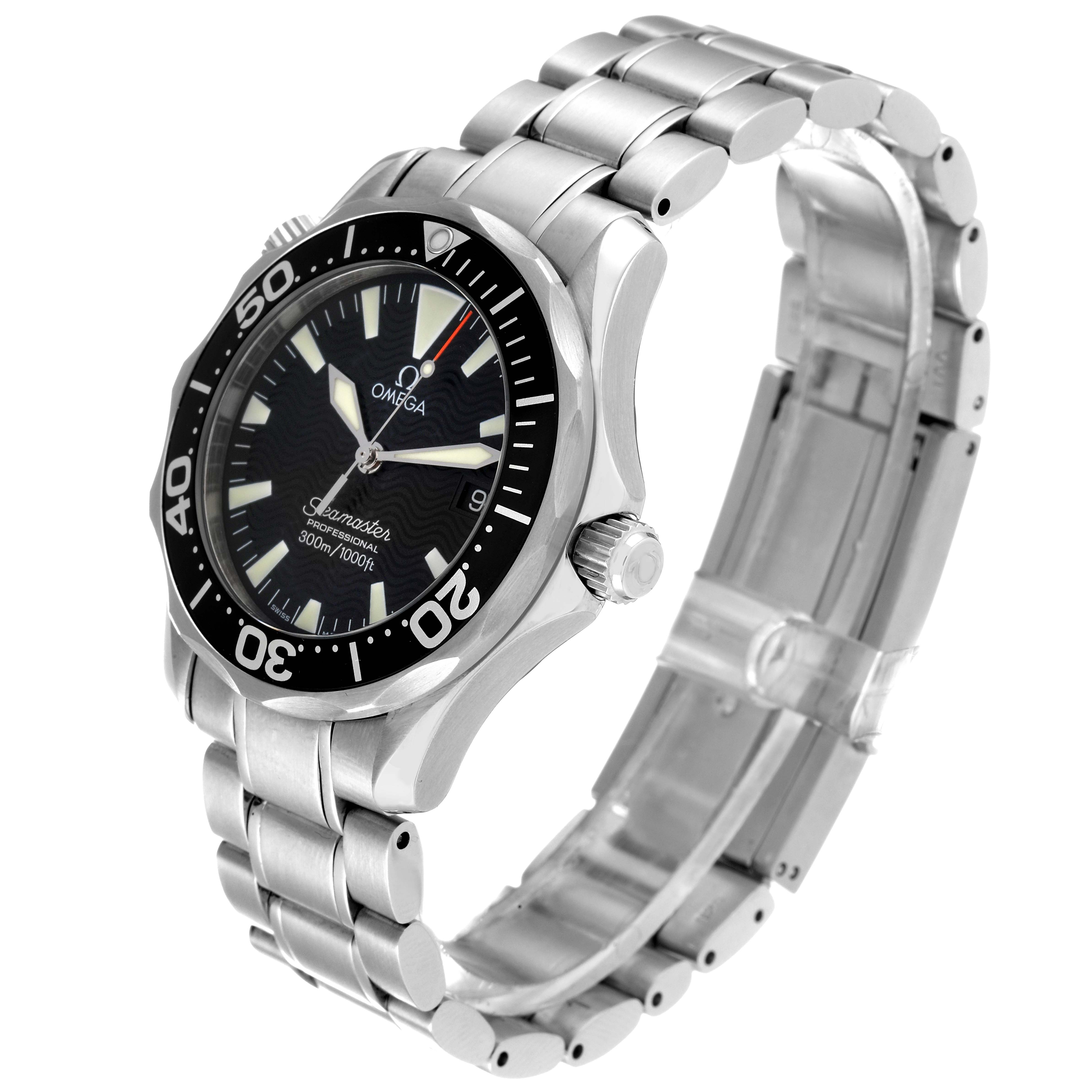 The image shows a side and front angle of an Omega Seamaster 2262.50.00 Men's Stainless Steel Black Dial 2262.50.00 Men's Stainless Steel Black Dial watch, highlighting its bezel, dial, and stainless steel bracelet.
