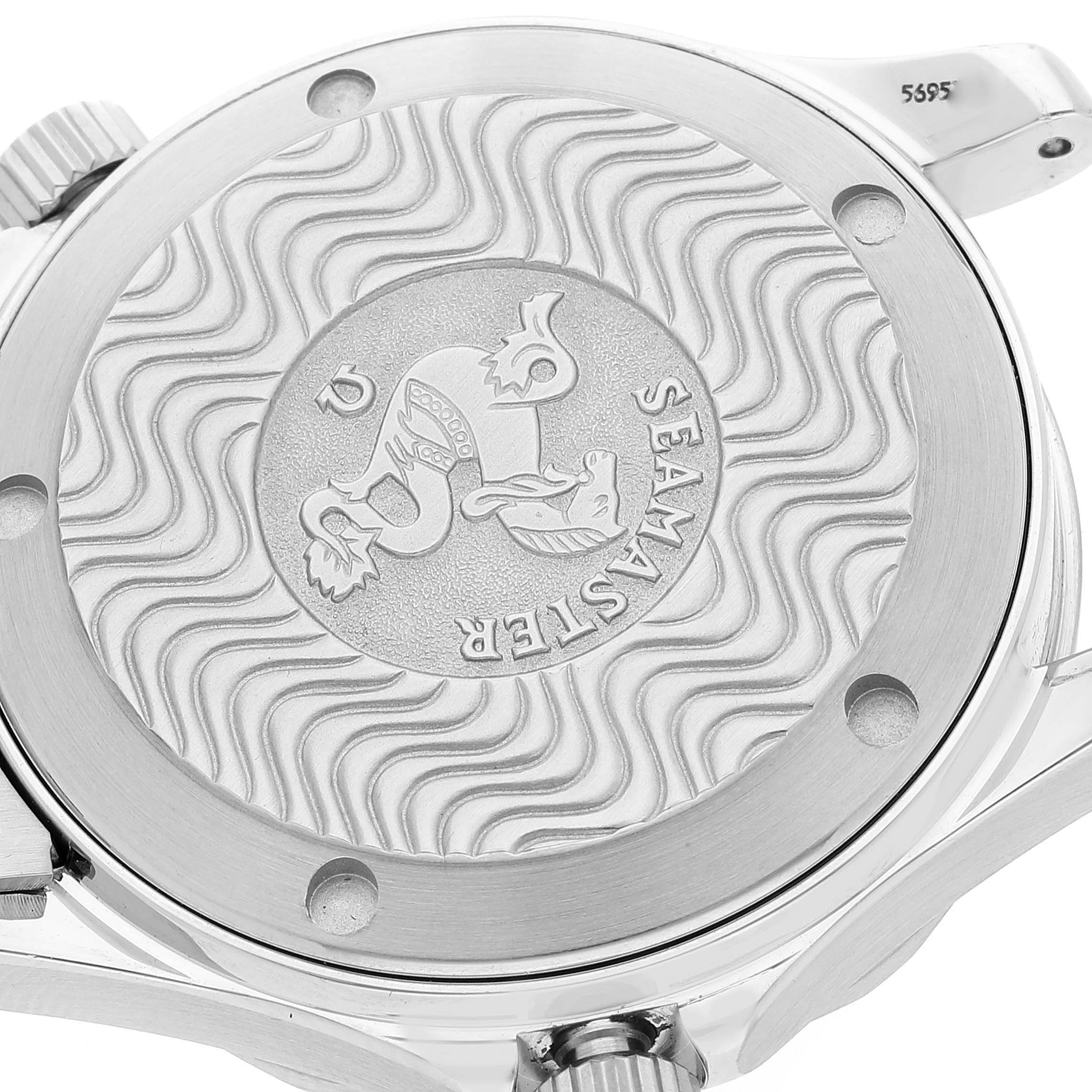 The image shows the engraved case back of an Omega Seamaster 2262.50.00 Men's Stainless Steel Black Dial 2262.50.00 Men's Stainless Steel Black Dial watch.