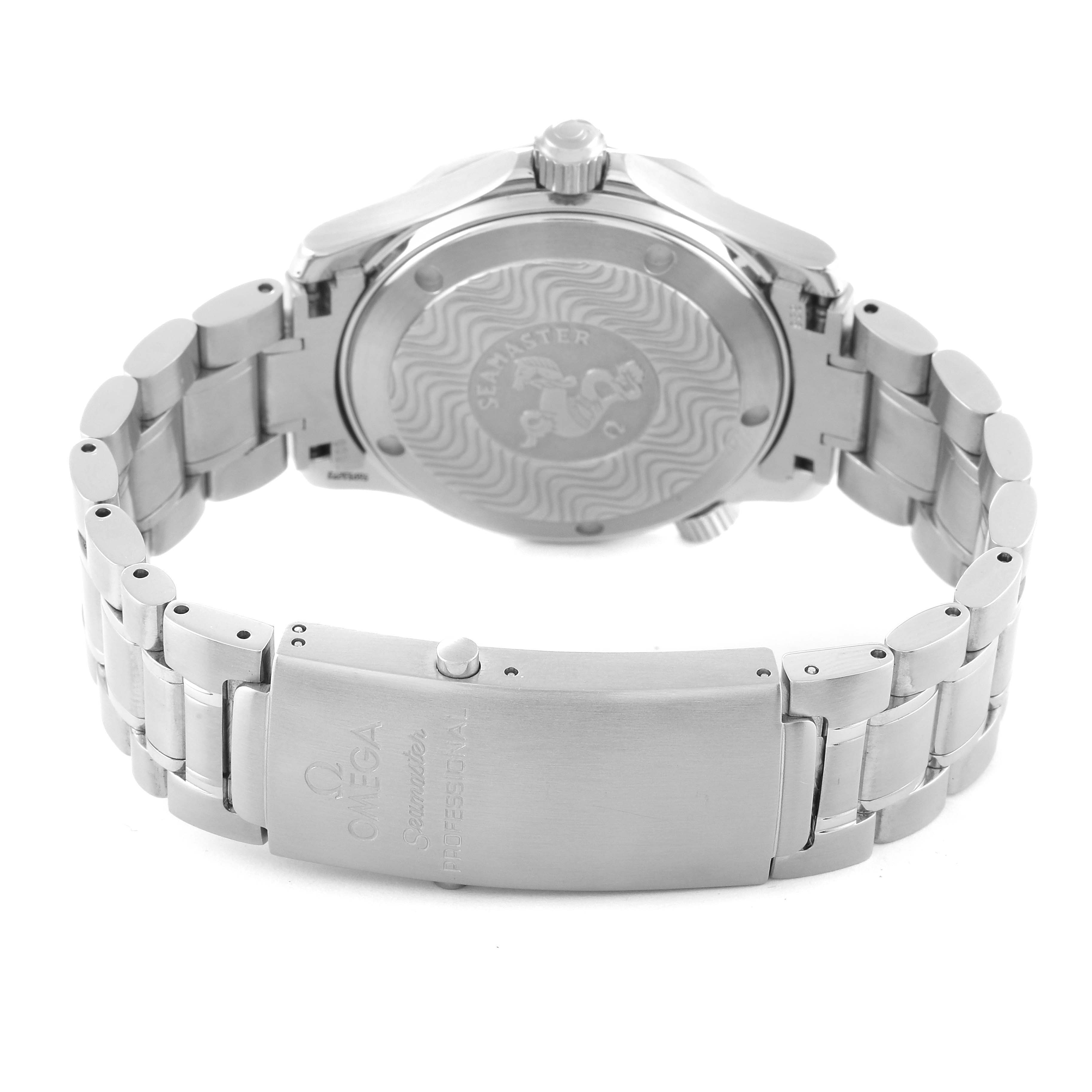 The image shows the back side and bracelet of the Omega Seamaster 2262.50.00 Men's Stainless Steel Black Dial 2262.50.00 Men's Stainless Steel Black Dial watch, featuring its engraved case back and clasp.