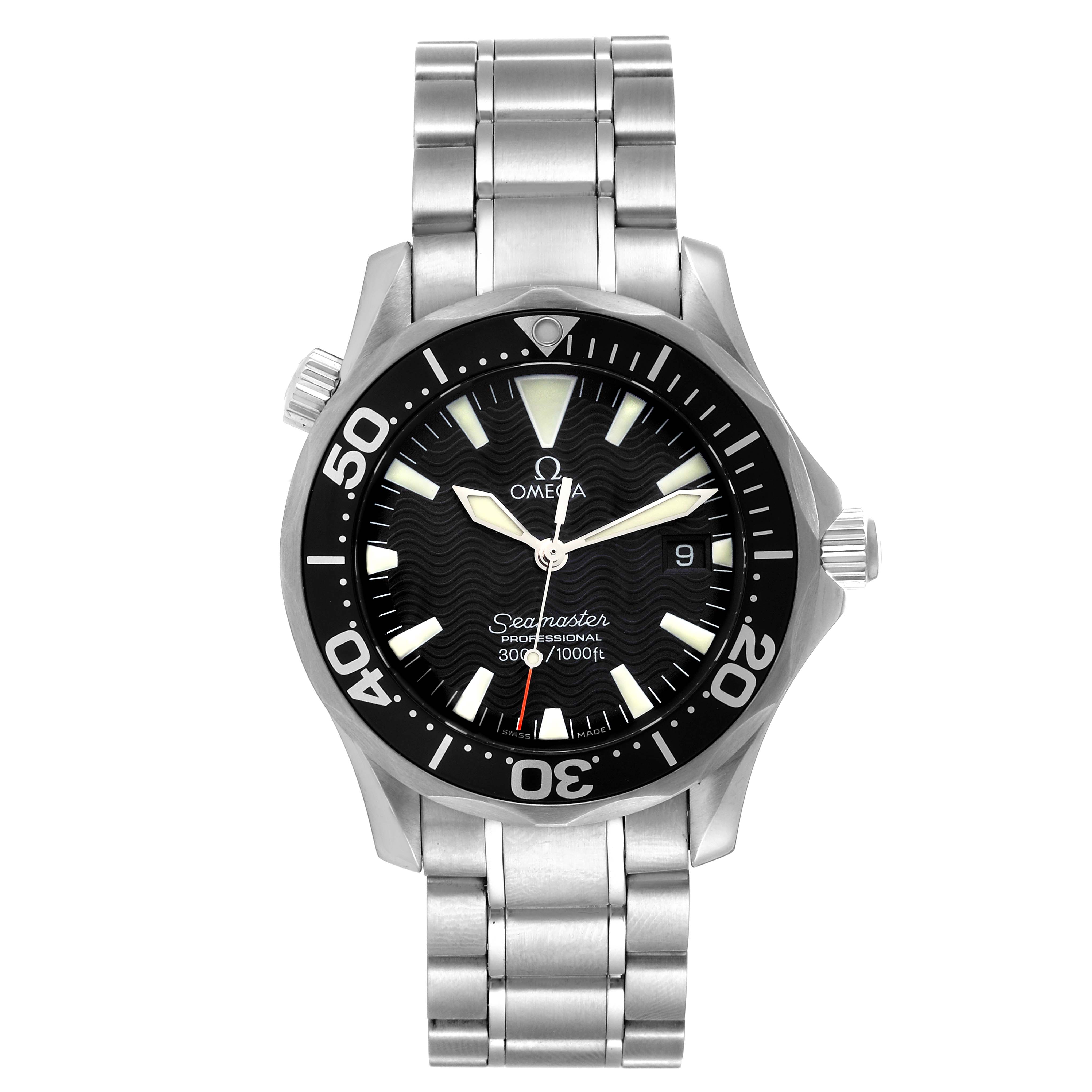 The image shows a frontal view of the Omega Seamaster 2262.50.00 Men's Stainless Steel Black Dial 2262.50.00 Men's Stainless Steel Black Dial watch, displaying its dial, bezel, and metal bracelet.