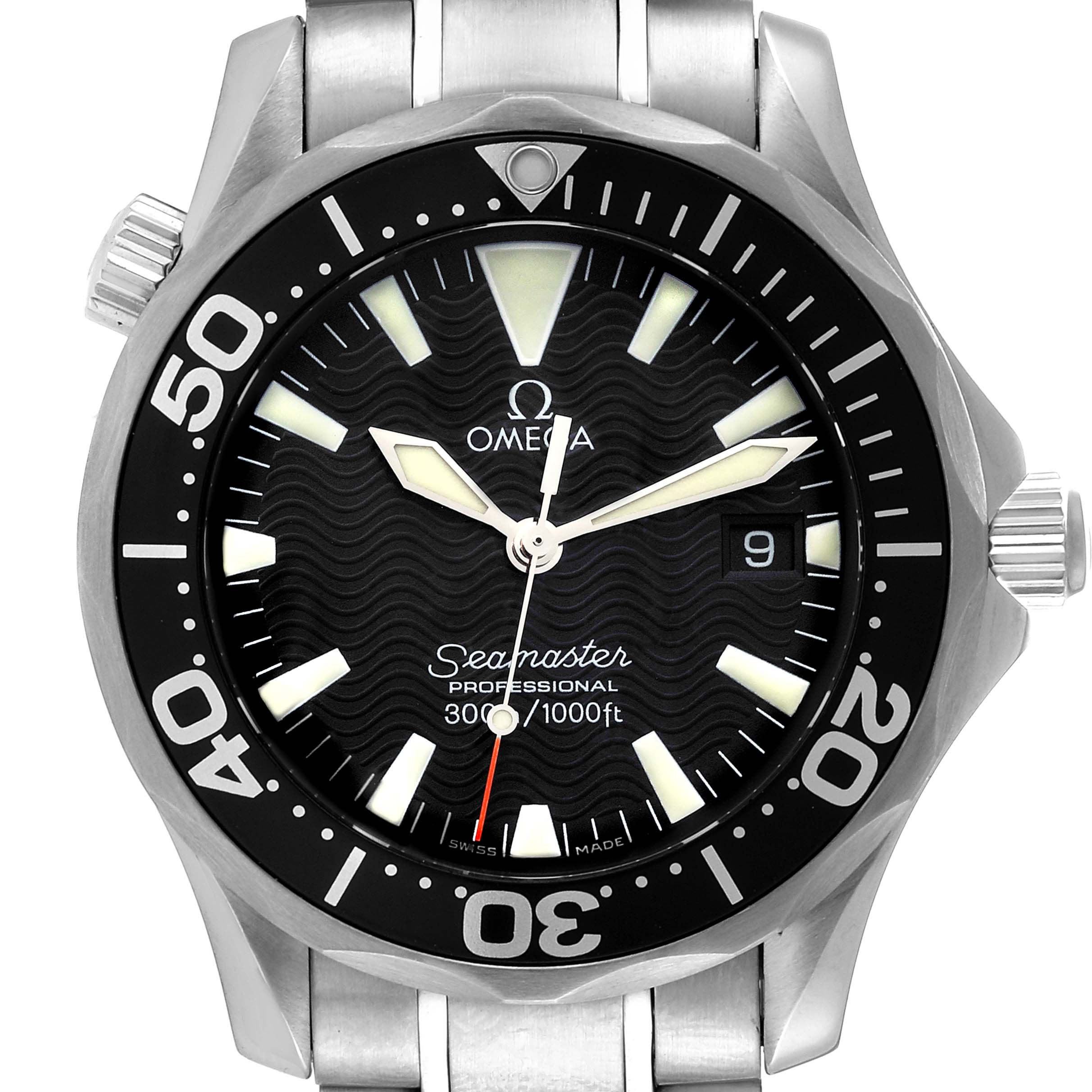 The image shows a frontal view of an Omega Seamaster 2262.50.00 Men's Stainless Steel Black Dial 2262.50.00 Men's Stainless Steel Black Dial watch, highlighting the dial, bezel, hands, date window, and part of the bracelet.