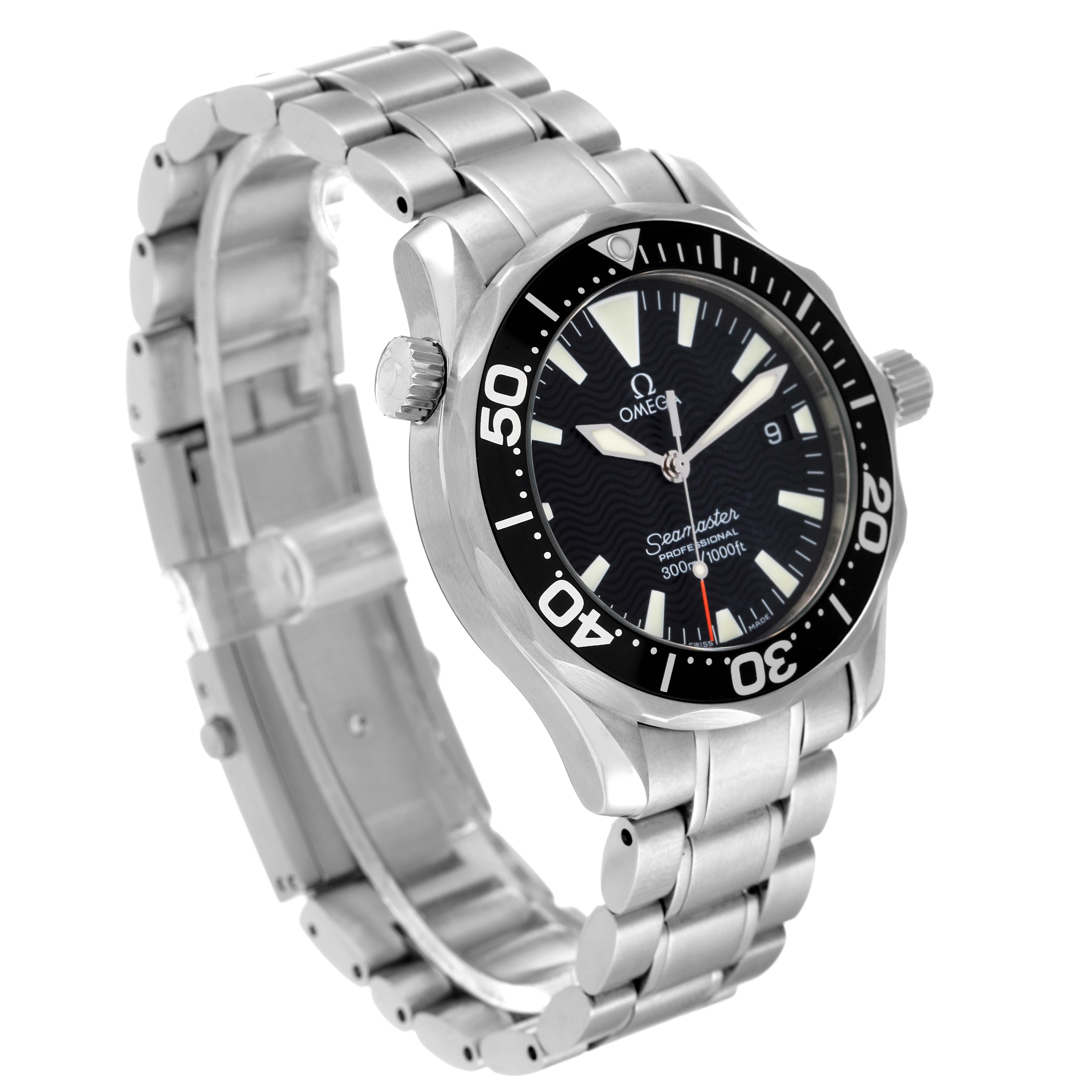 The image shows an Omega Seamaster 2262.50.00 Men's Stainless Steel Black Dial 2262.50.00 Men's Stainless Steel Black Dial watch at a three-quarter angle, displaying its face, bezel, crown, and metal bracelet.