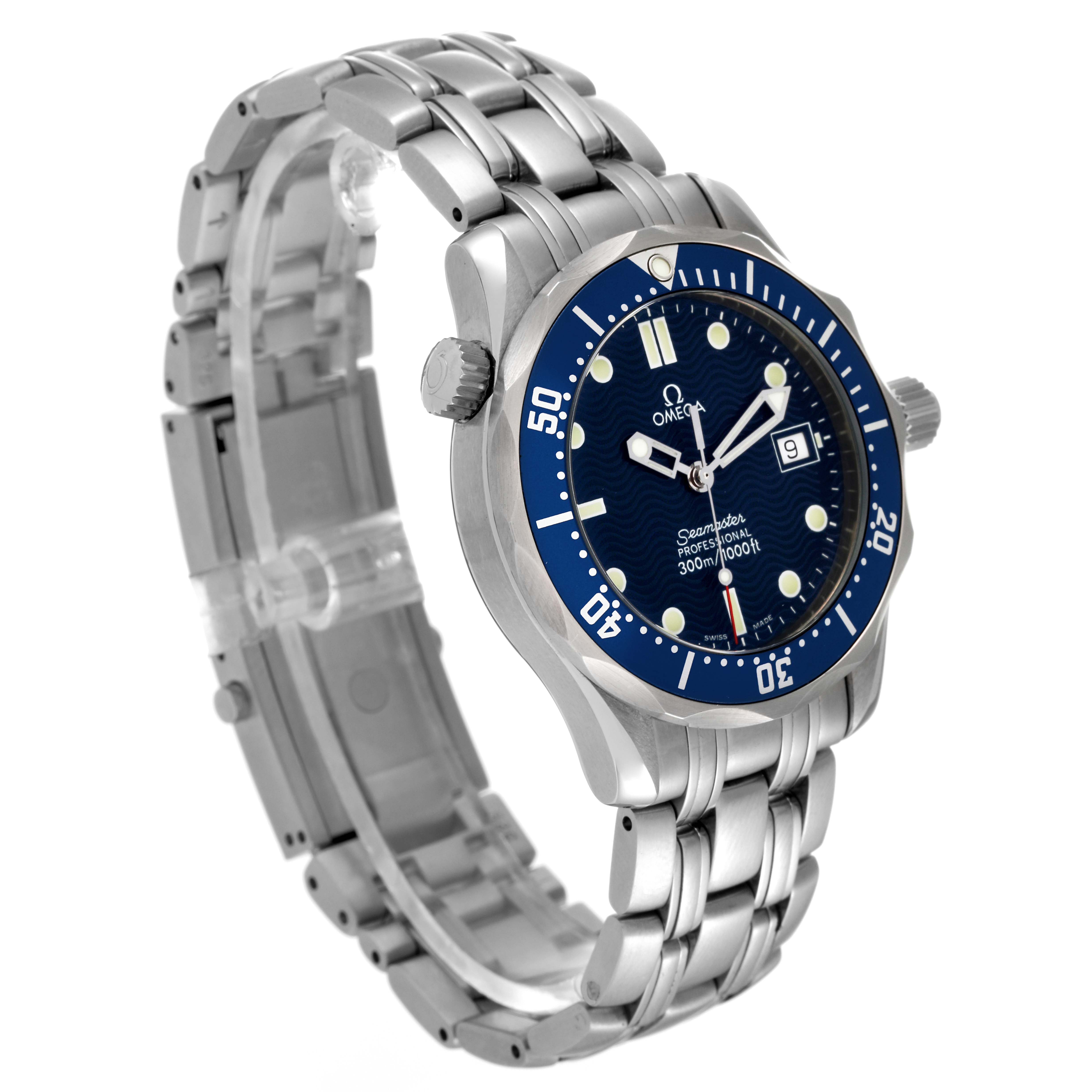 This Omega Seamaster 2561.80.00 Men's Stainless Steel Blue Dial 2561.80.00 Men's Stainless Steel Blue Dial watch is shown at a three-quarter angle, displaying the band, bezel, and face.