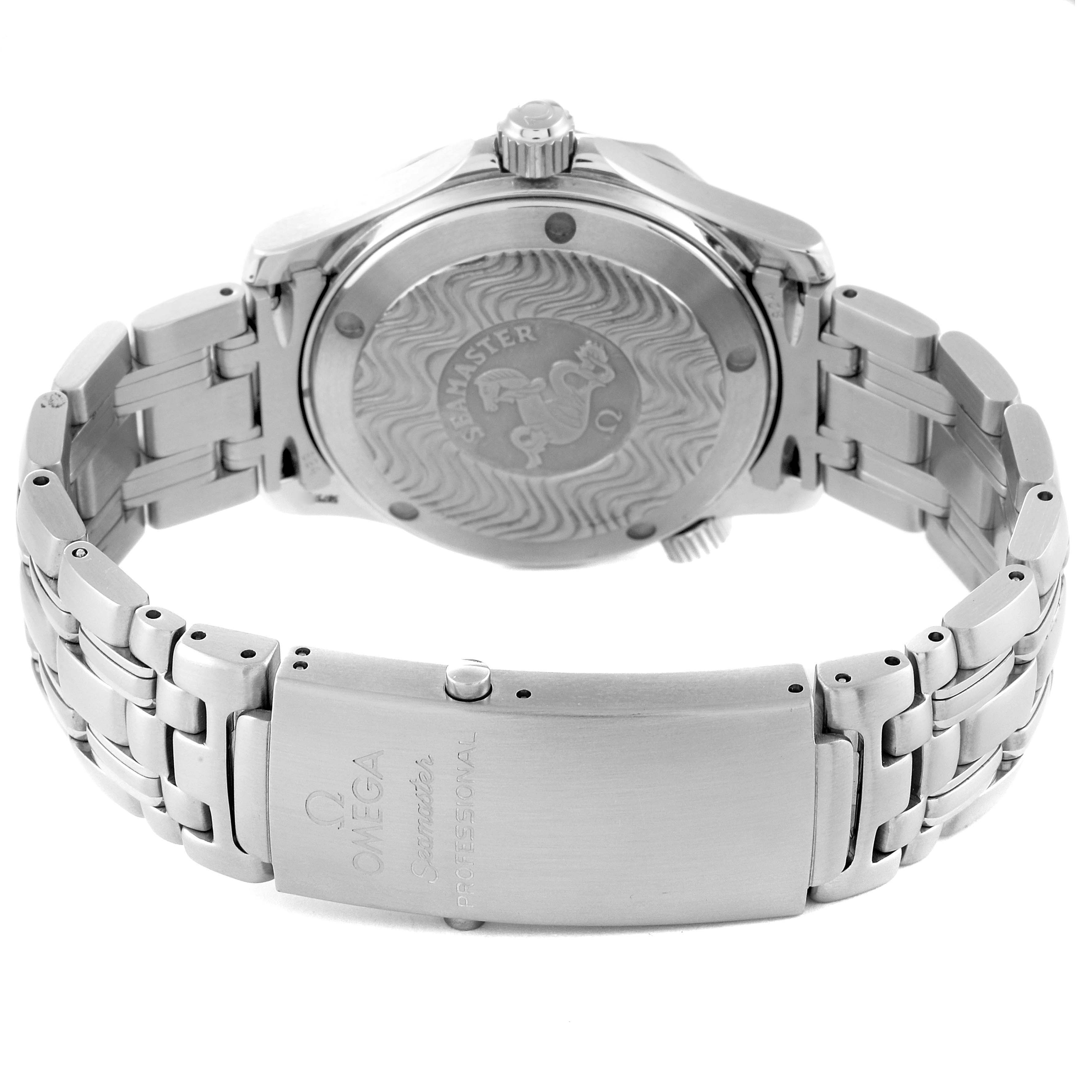 The image shows the back view and clasp of an Omega Seamaster 2561.80.00 Men's Stainless Steel Blue Dial 2561.80.00 Men's Stainless Steel Blue Dial watch.