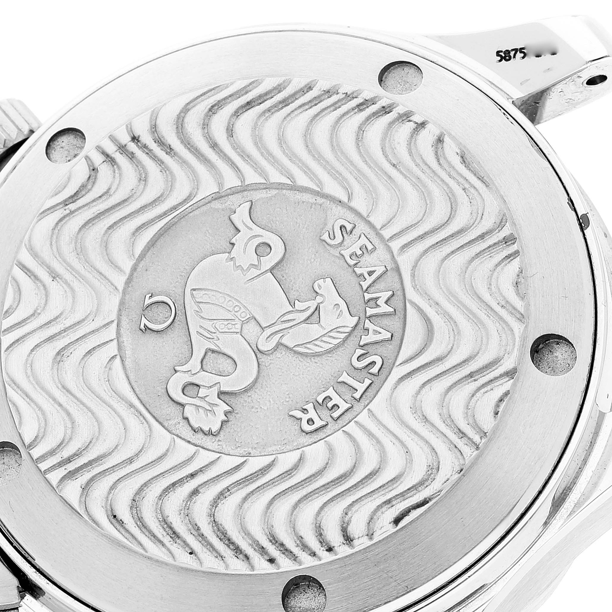 This image shows the case back of the Omega Seamaster 2561.80.00 Men's Stainless Steel Blue Dial 2561.80.00 Men's Stainless Steel Blue Dial watch, featuring the engraved Seamaster emblem.