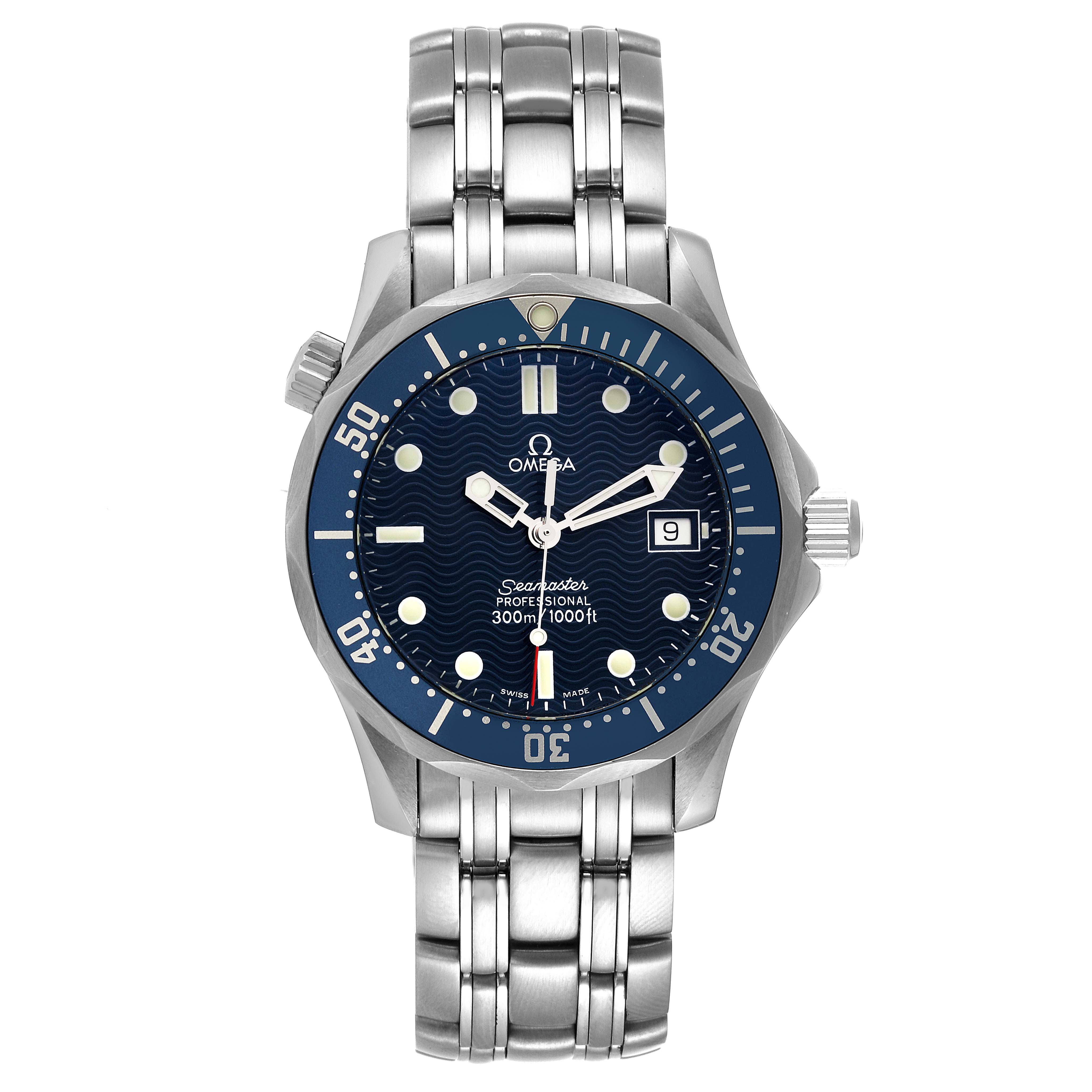 The image shows a front view of an Omega Seamaster 2561.80.00 Men's Stainless Steel Blue Dial 2561.80.00 Men's Stainless Steel Blue Dial watch, displaying its face, bezel, crown, and bracelet.